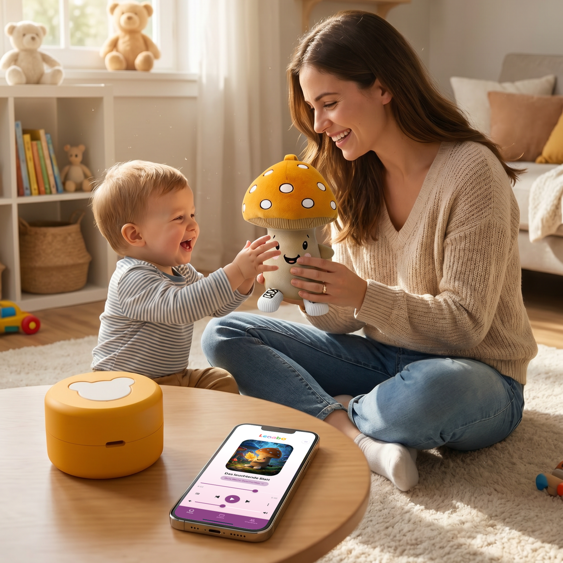 Mutter und Baby spielen mit Pilz-Stofftier auf Teppich. Gelbes Gerät und Handy liegen daneben.