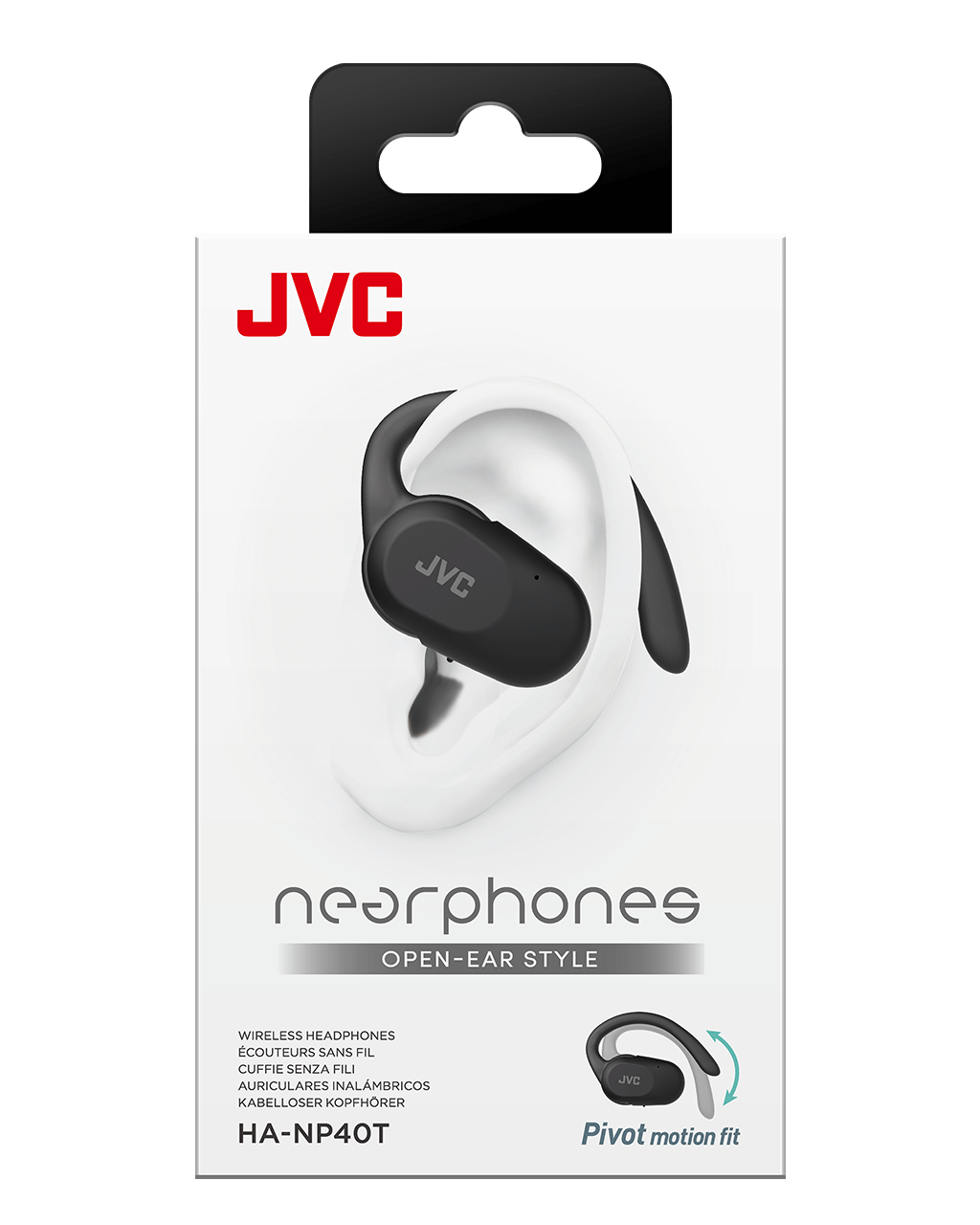 Confezione di auricolari JVC aperti con un auricolare in un orecchio stilizzato.