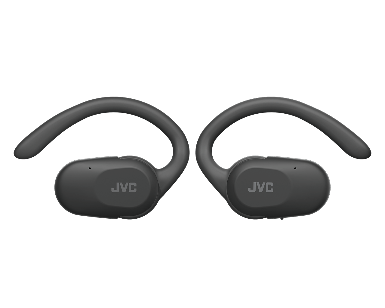 Due auricolari JVC grigi con ganci per le orecchie su sfondo nero.