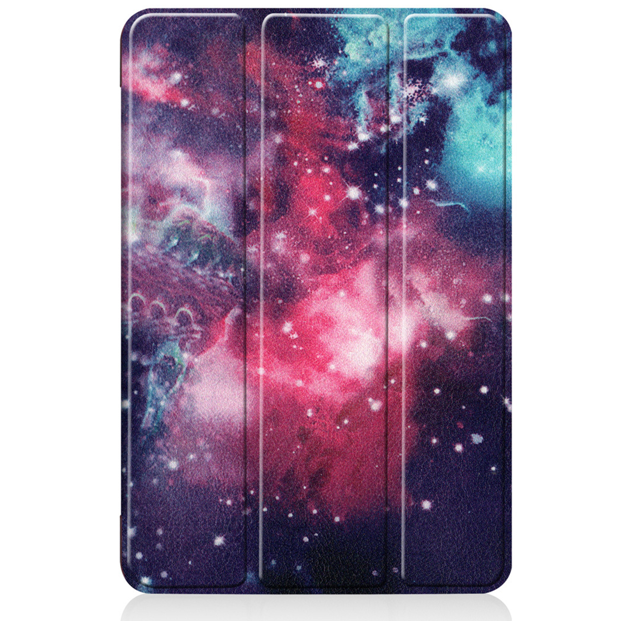 A tablet cover featuring a galaxy pattern in pink, blue, and purple hues.