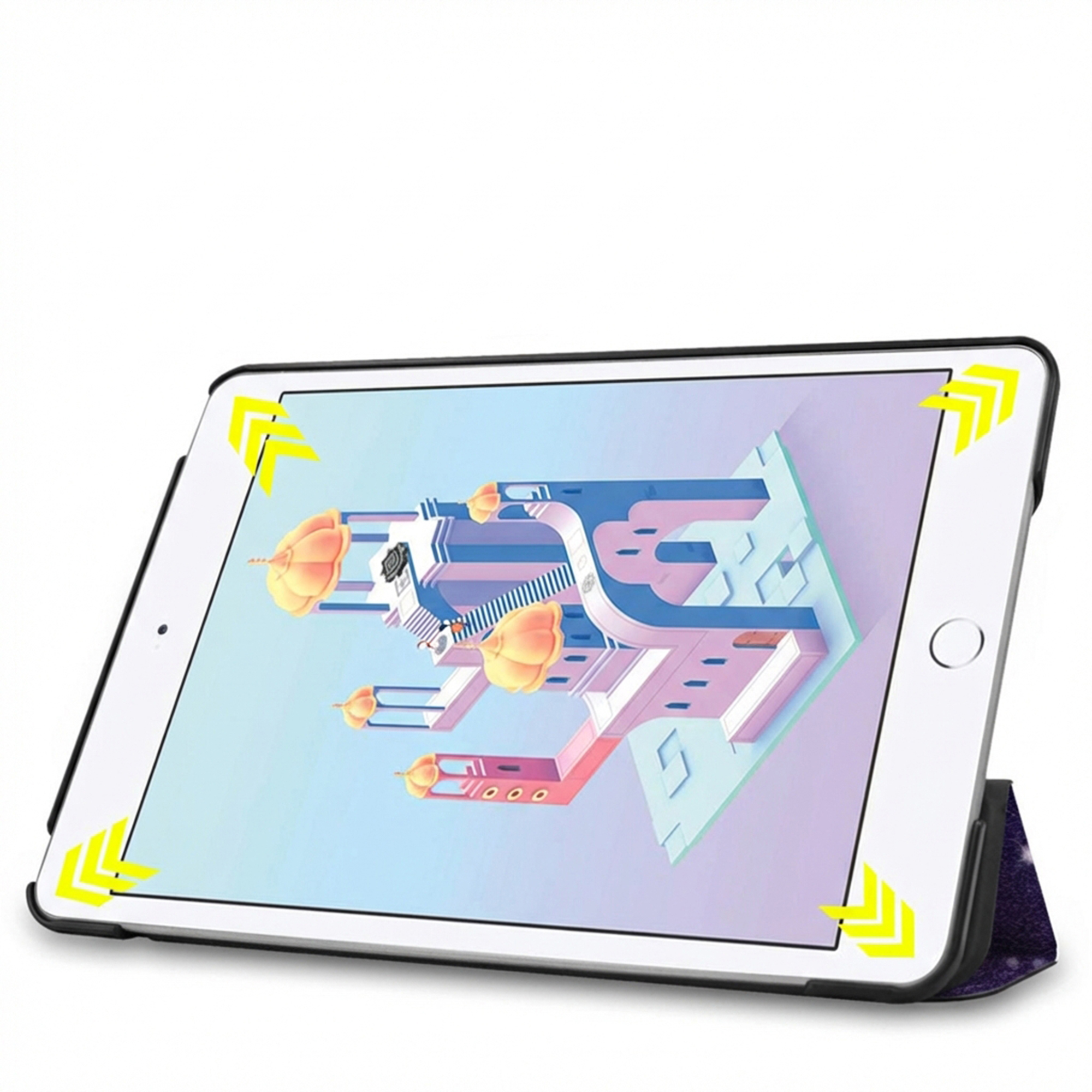 A tablet displaying a colorful, abstract design with yellow arrows in the corners.