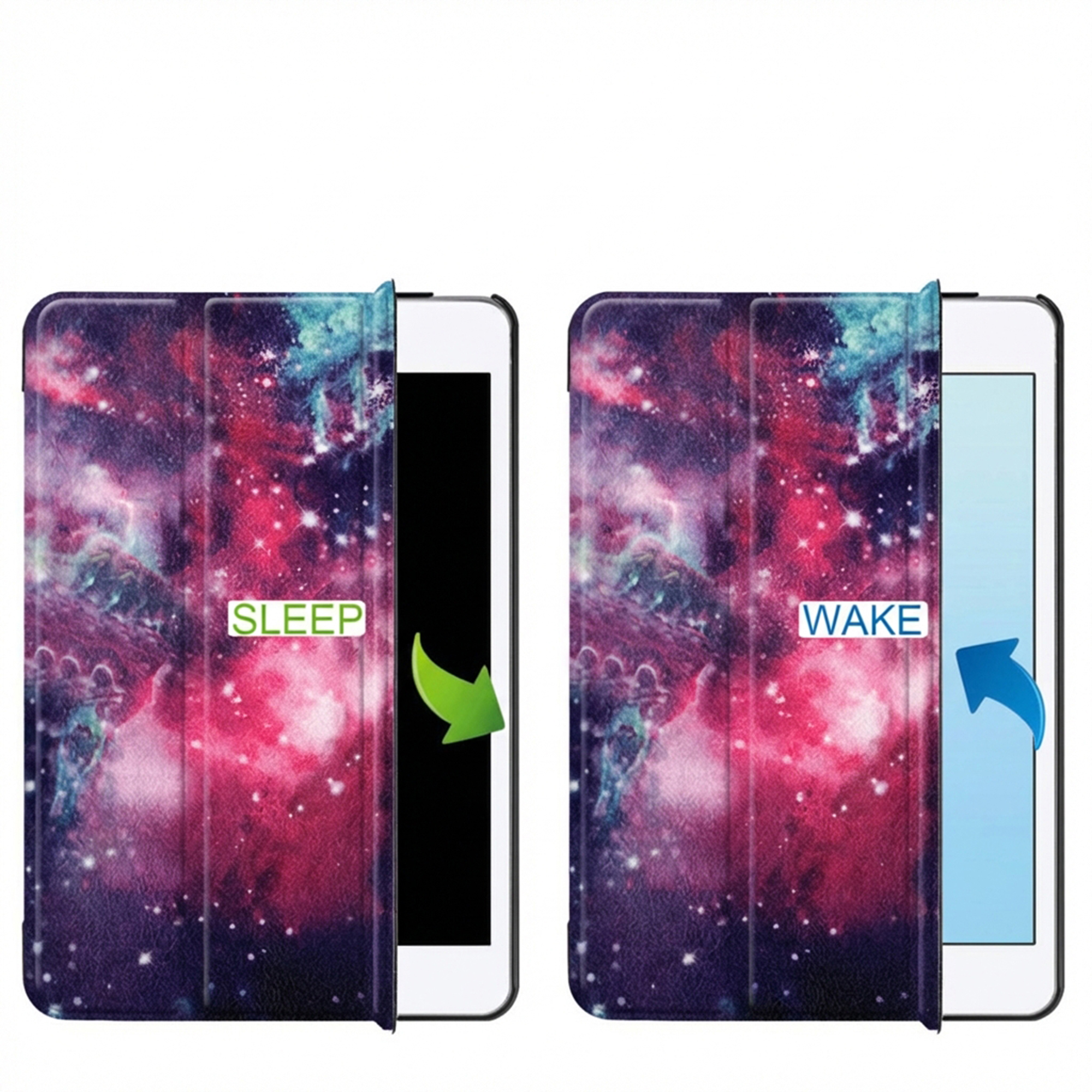 Two galaxy-print tablet cases, one showing sleep mode, the other wake mode.