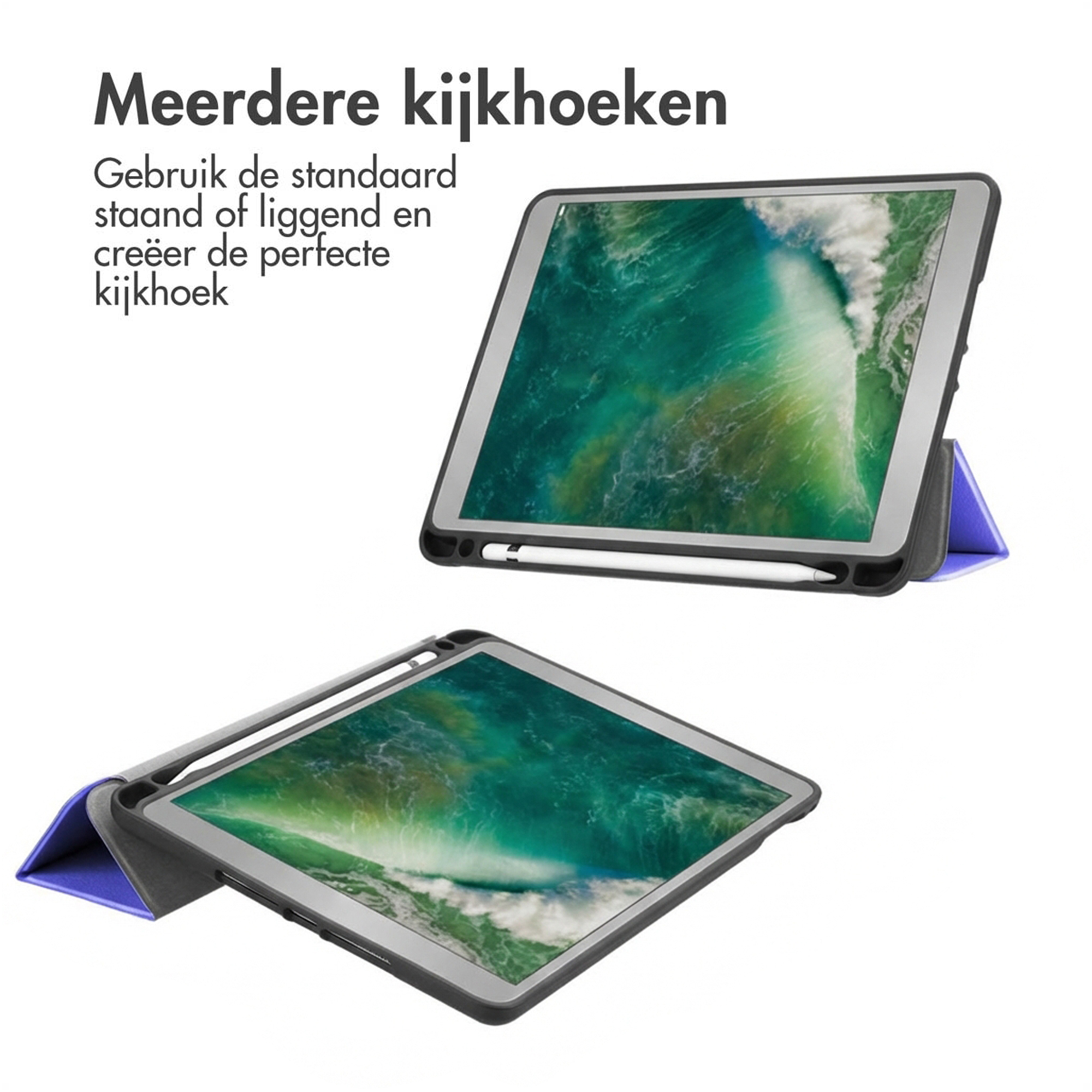 A tablet in a case, shown upright and in landscape mode.