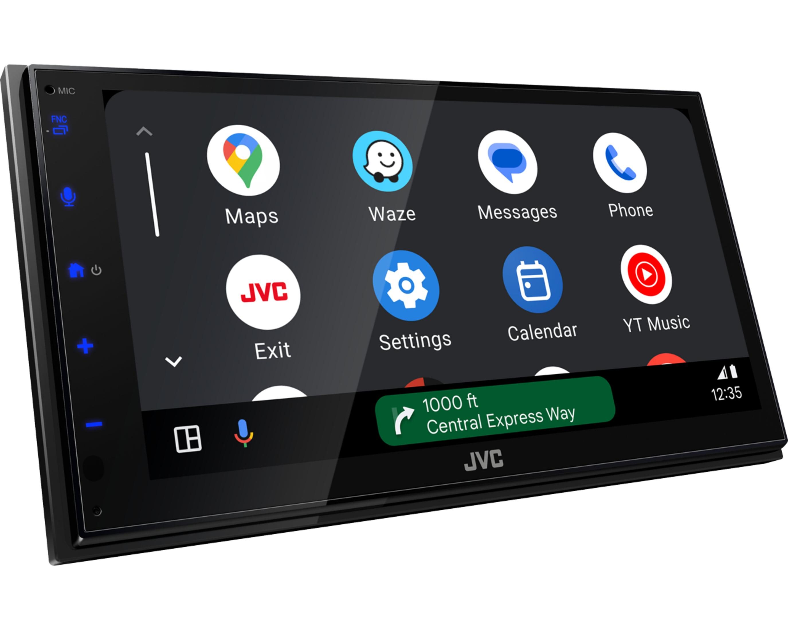 Ein JVC Autoradio-Bildschirm zeigt Apps wie Maps, Waze, Nachrichten und Telefon.