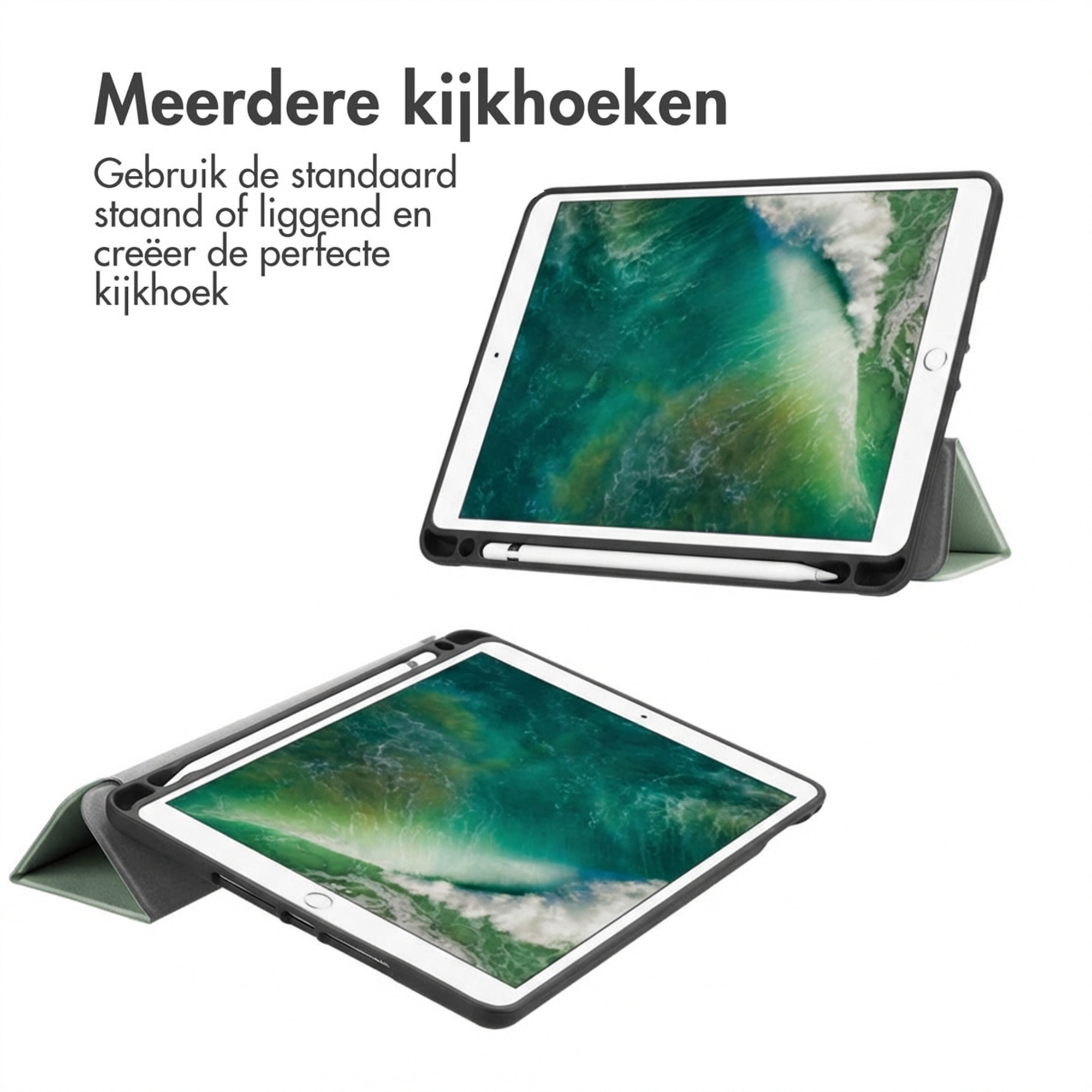 A tablet in a protective case acting as a stand, with a stylus.