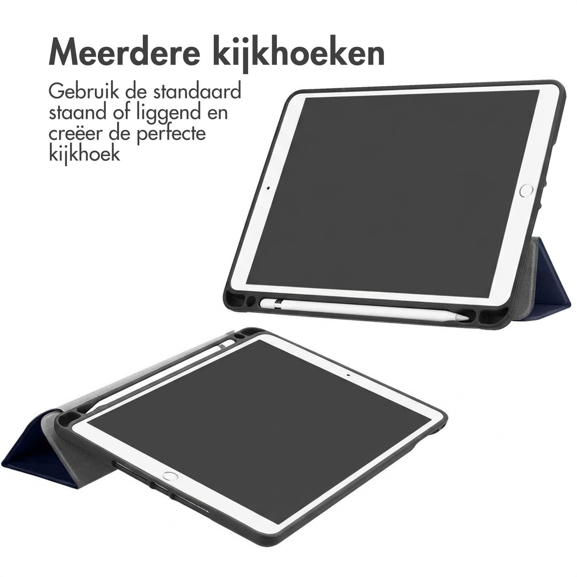 A tablet with a stylus holder shown in two views, standing and lying flat.