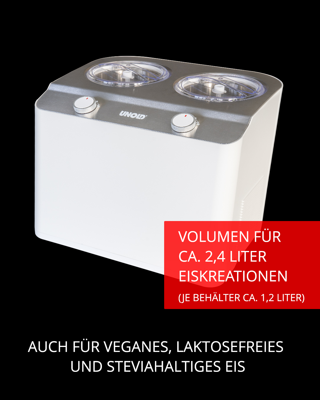 Weiße Eismaschine mit zwei Behältern, Edelstahl-Oberseite, Reglern.