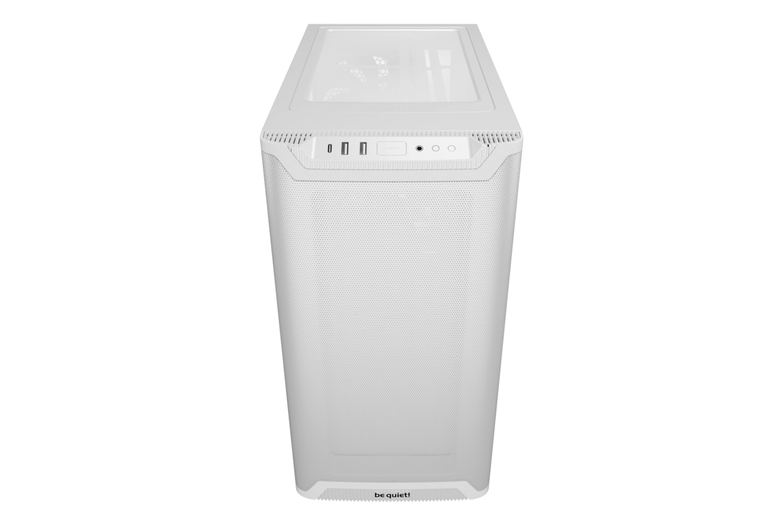 A white PC case with a clear top window and a perforated front panel.