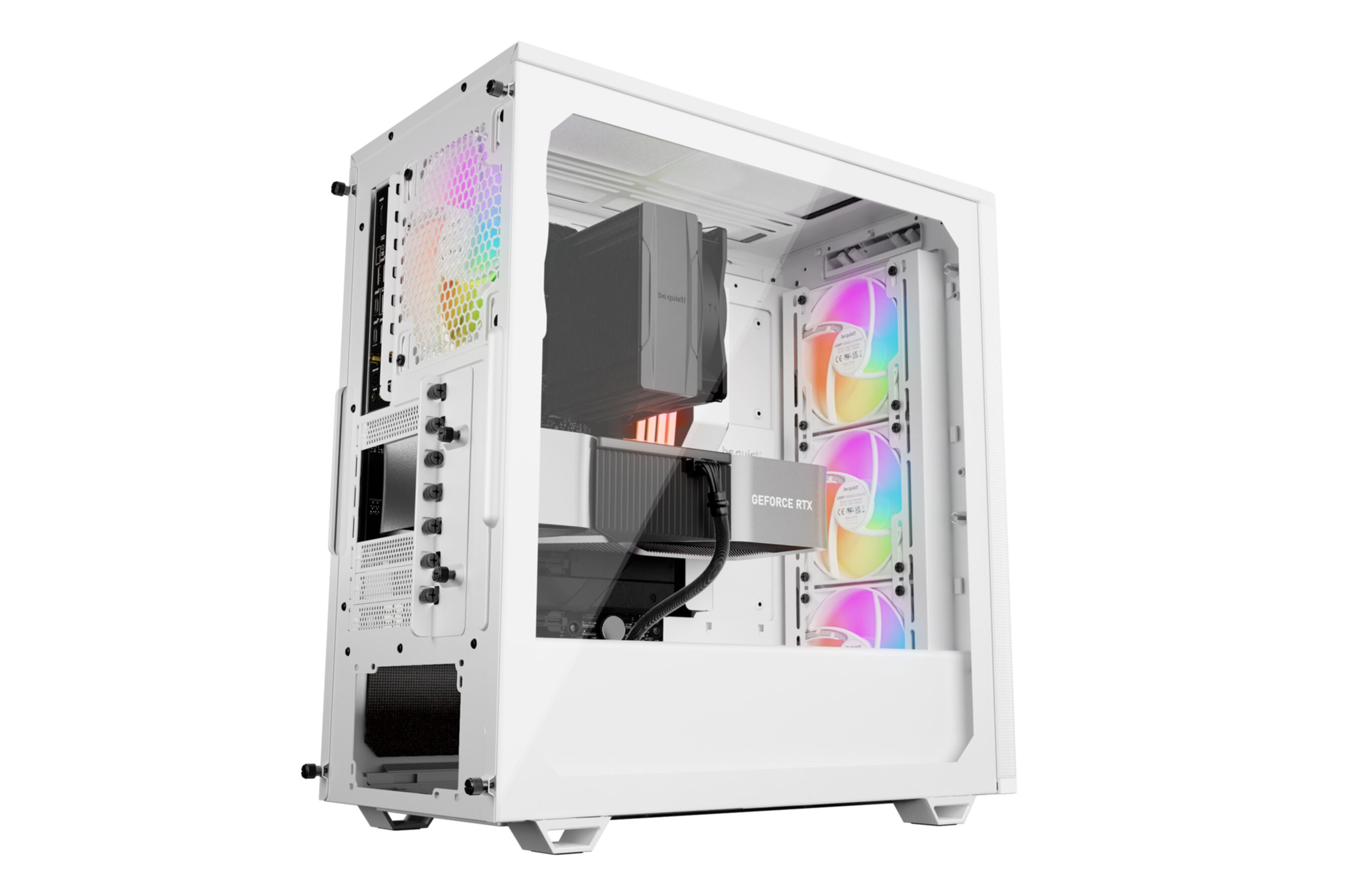 A white PC case with RGB fans, CPU cooler, and GeForce RTX graphics card.