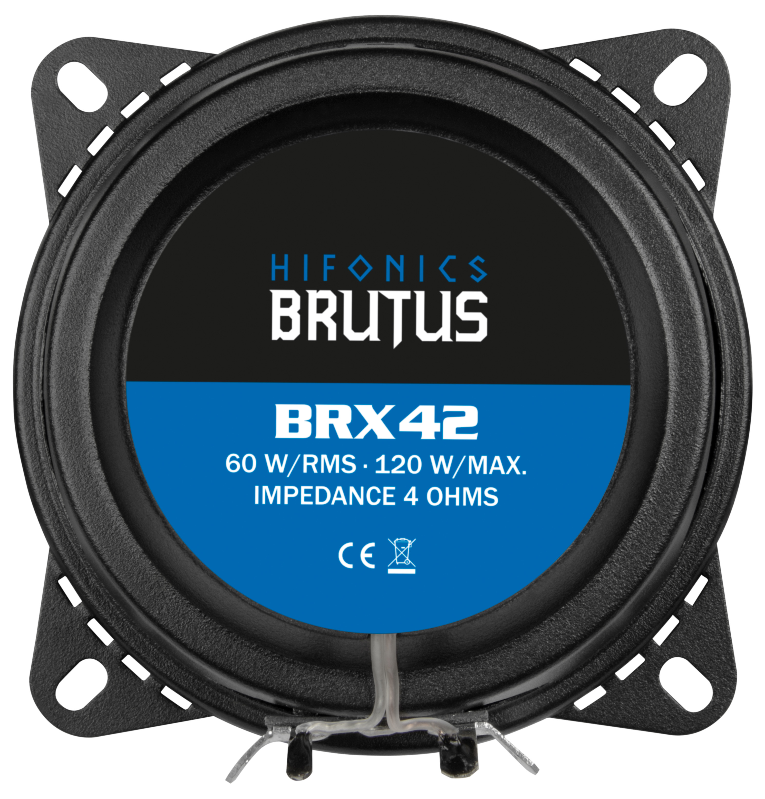 Ein schwarzer Lautsprecher mit Hifonics Brutus BRX42 Aufschrift, 60W RMS/120W MAX.