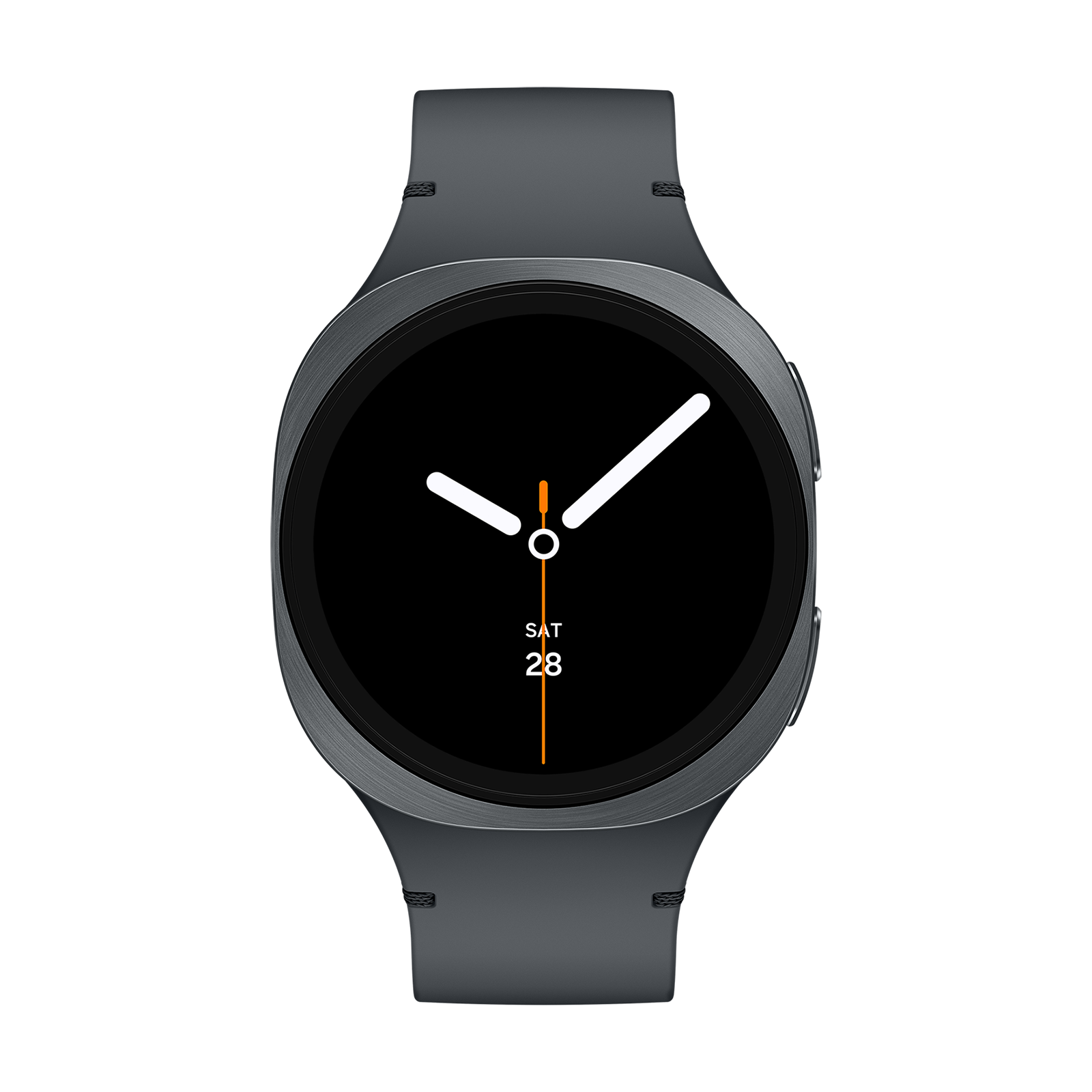 Reloj inteligente gris con pantalla negra que muestra fecha y hora.