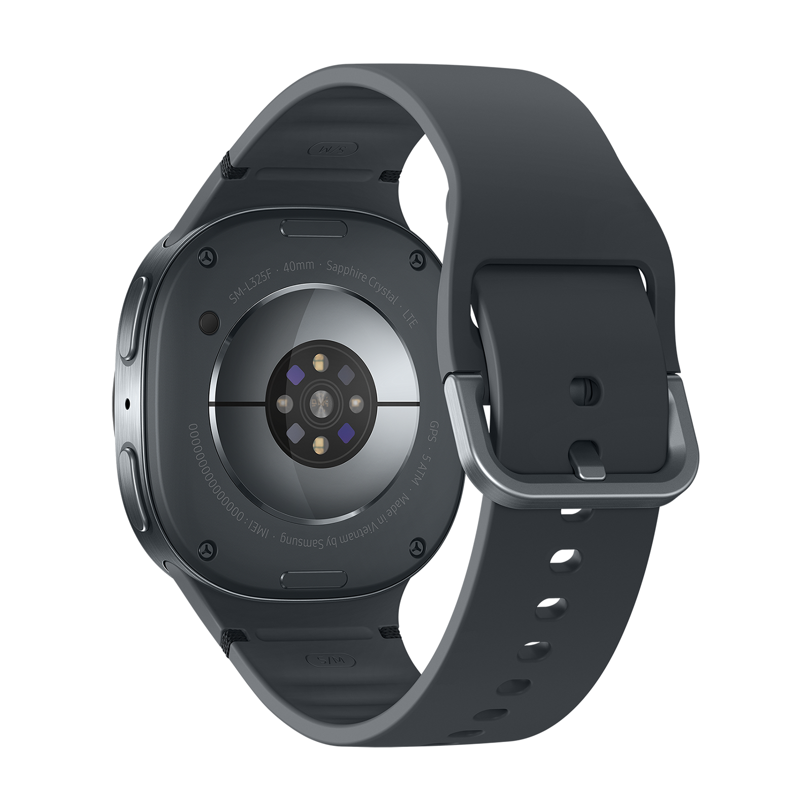 Reverso de un reloj inteligente oscuro con sensor de frecuencia cardíaca y banda de silicona.
