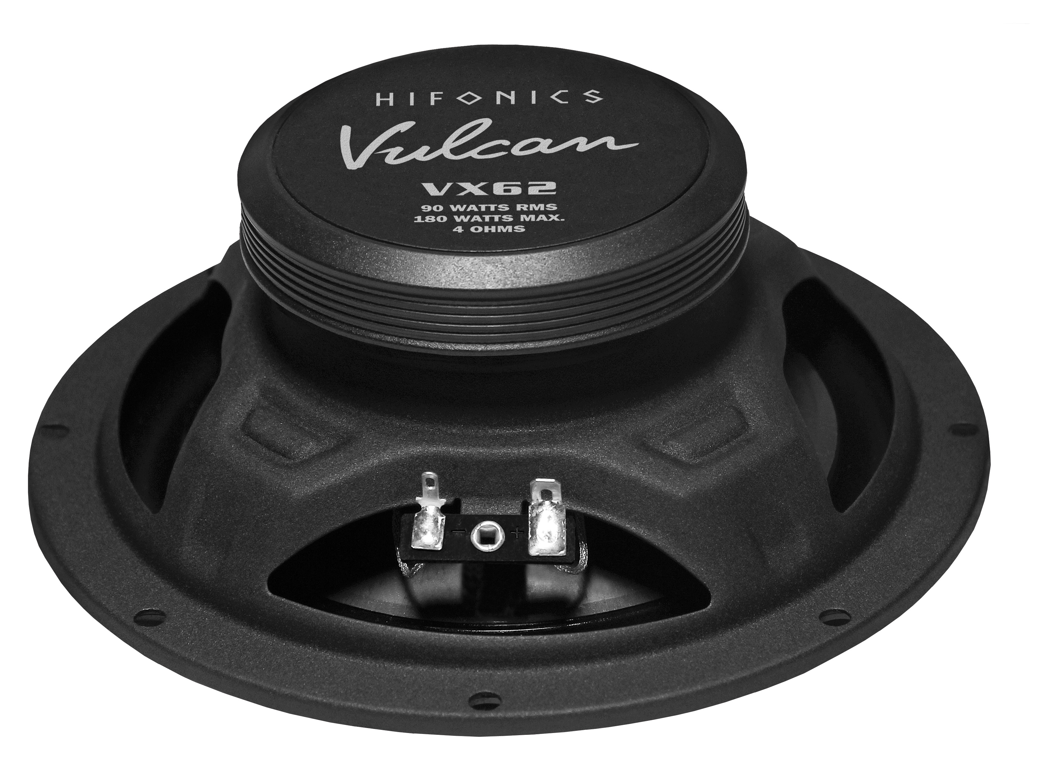 Ein schwarzer Hifonics Vulcan VX62 Subwoofer mit 90 Watt RMS.