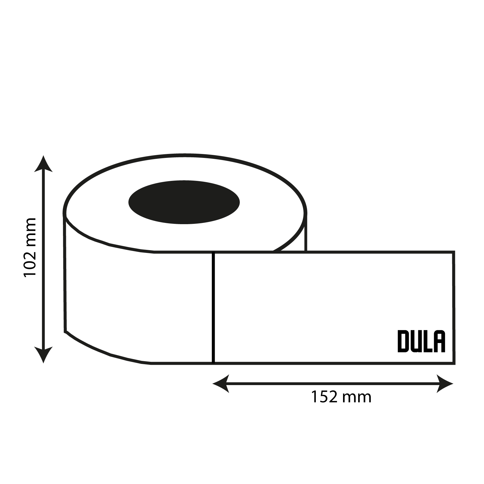 Een rol toiletpapier met afmetingen 102 mm x 152 mm.