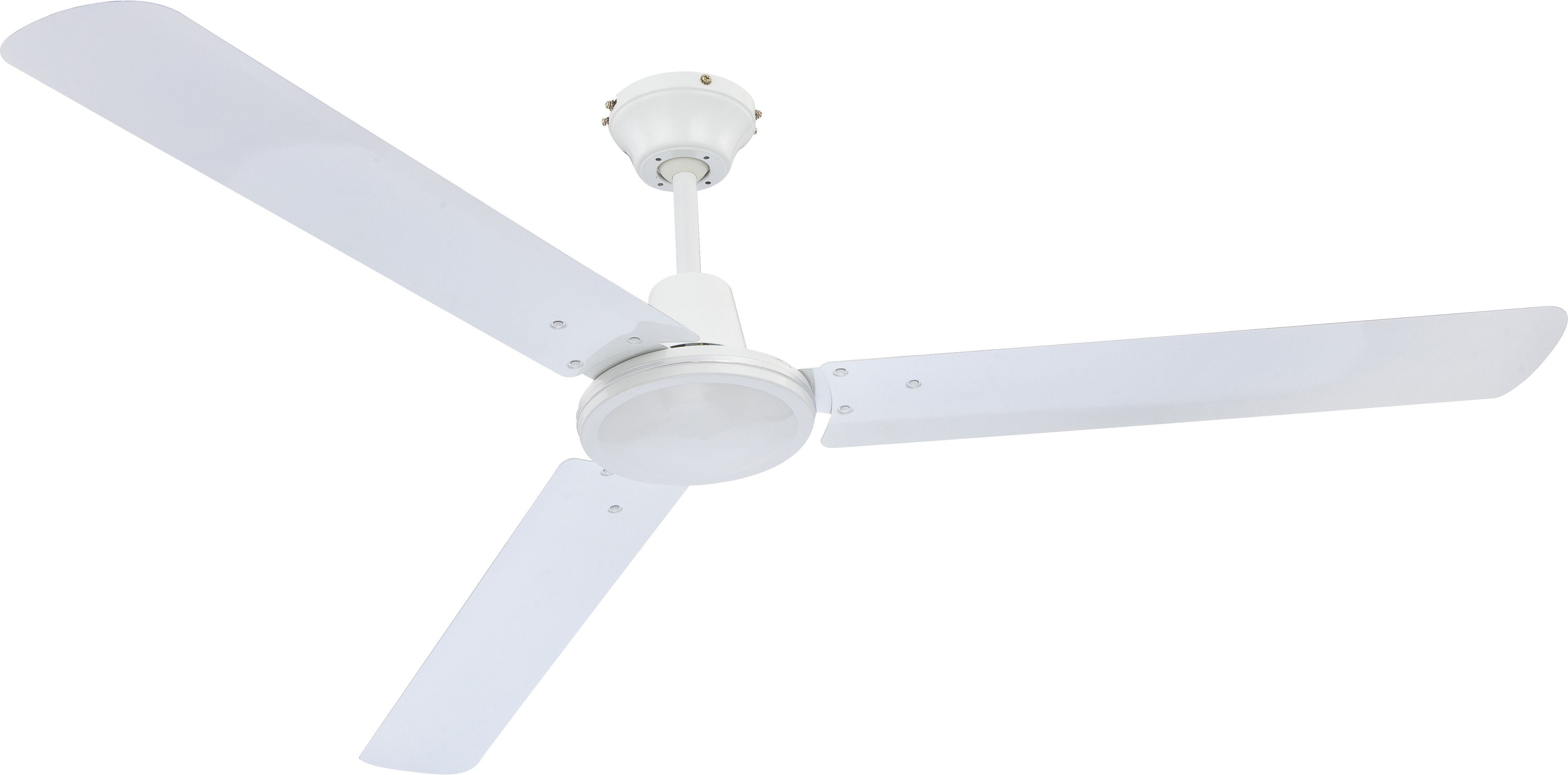 Ein weier Deckenventilator mit drei Blättern und einer integrierten Lampe.