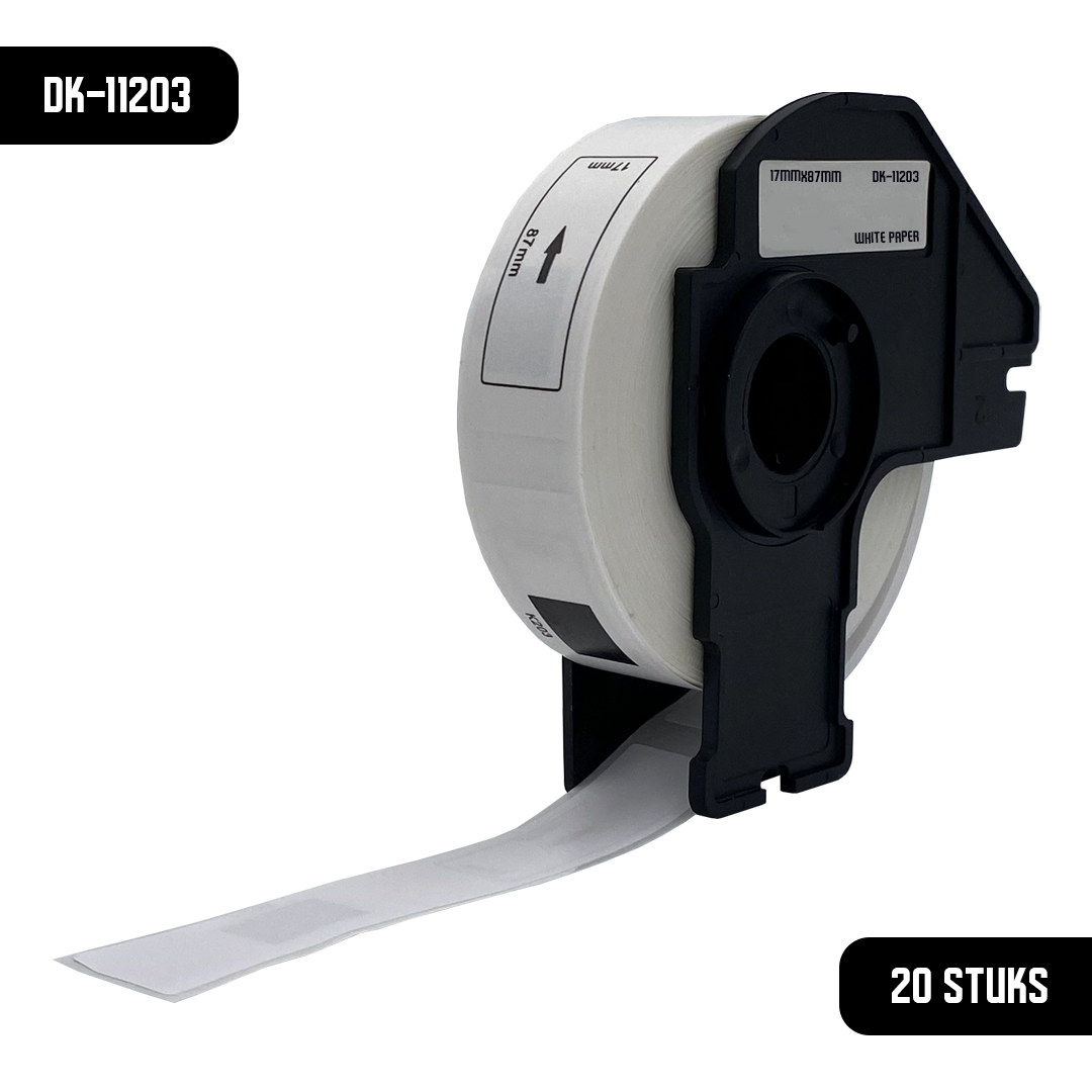 Een rol witte papieren etiketten, model DK-11203, met 20 stuks.