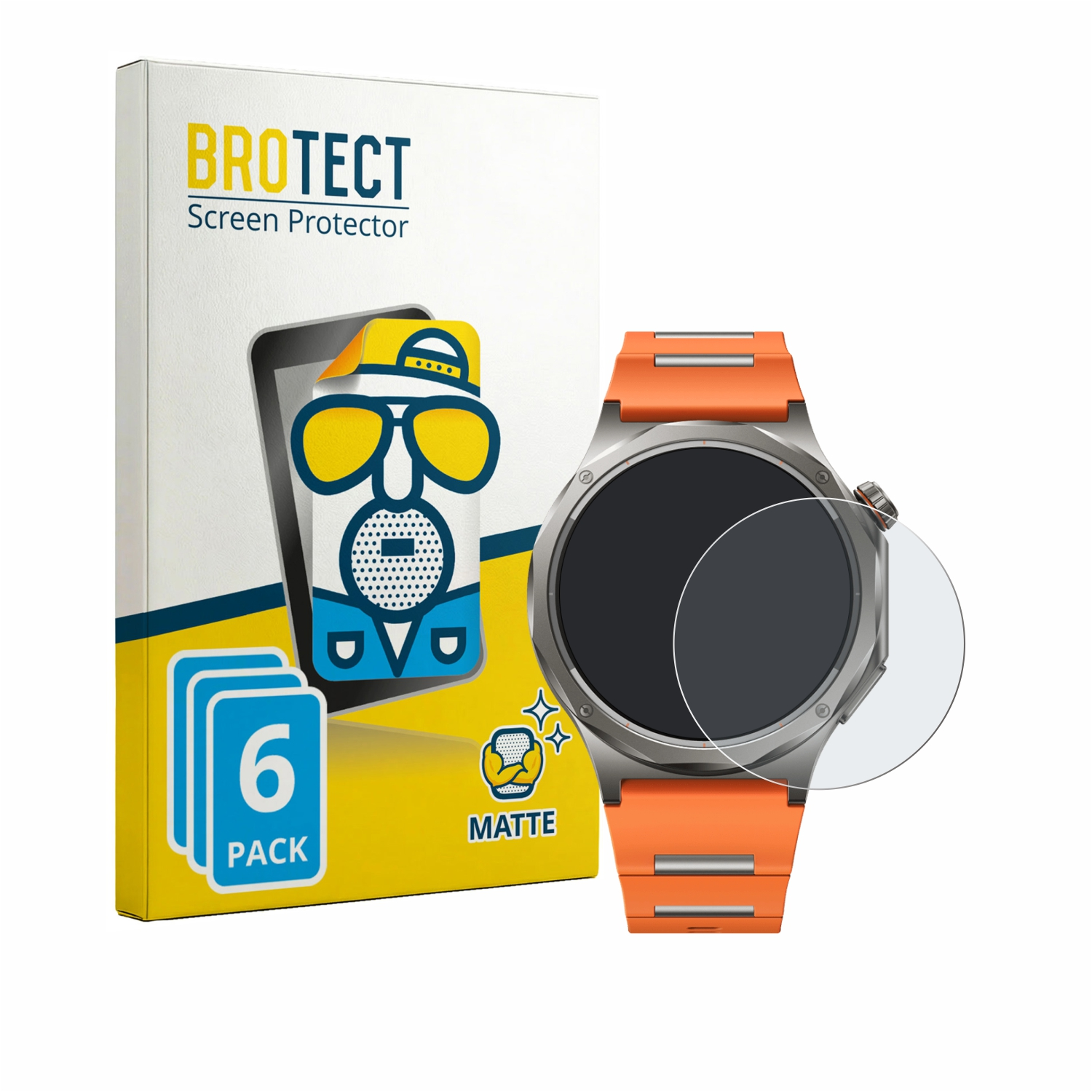 BROTECT Displayschutzfolien-Pack neben einer Smartwatch mit orangefarbenem Armband.