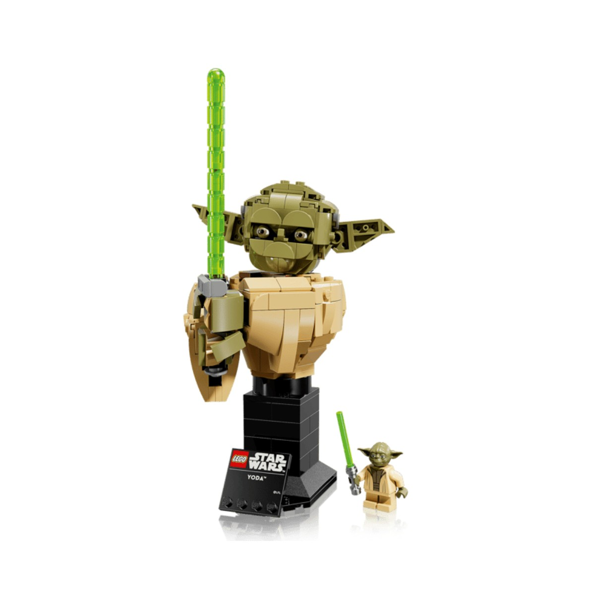 Busto Lego Star Wars di Yoda con spada laser verde e minifigure.
