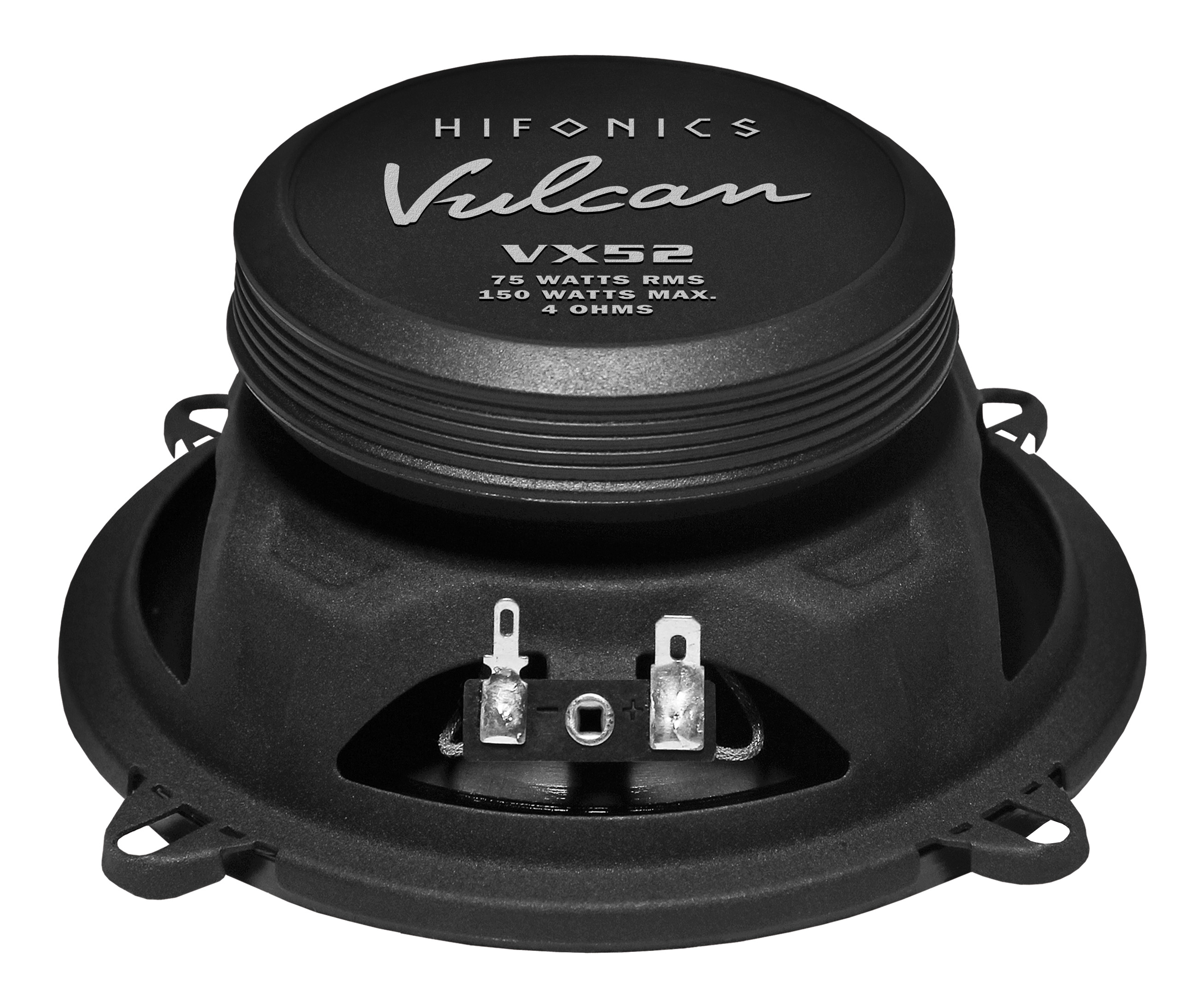 Schwarzer Lautsprecher mit der Aufschrift "HIFONICS VULCAN VX52".