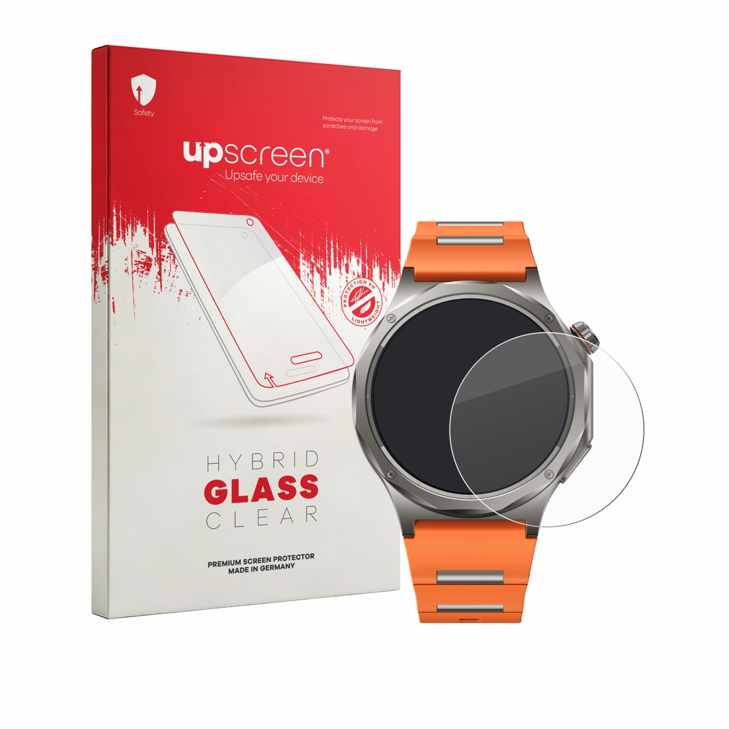Verpackung für Displayschutzfolie neben einer Smartwatch mit Orangem Armband.