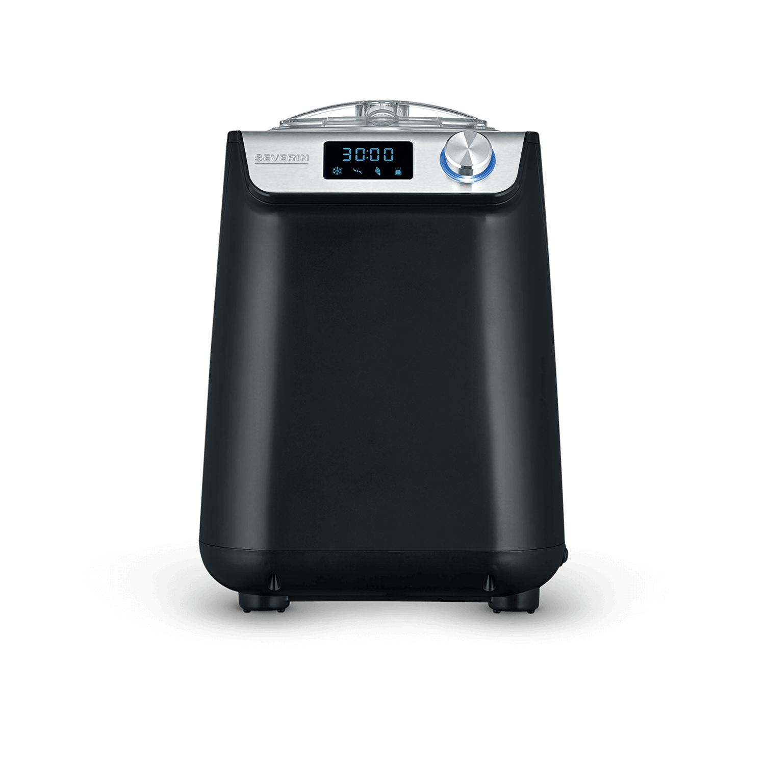 Machine à glace noire avec écran numérique et bouton argenté.