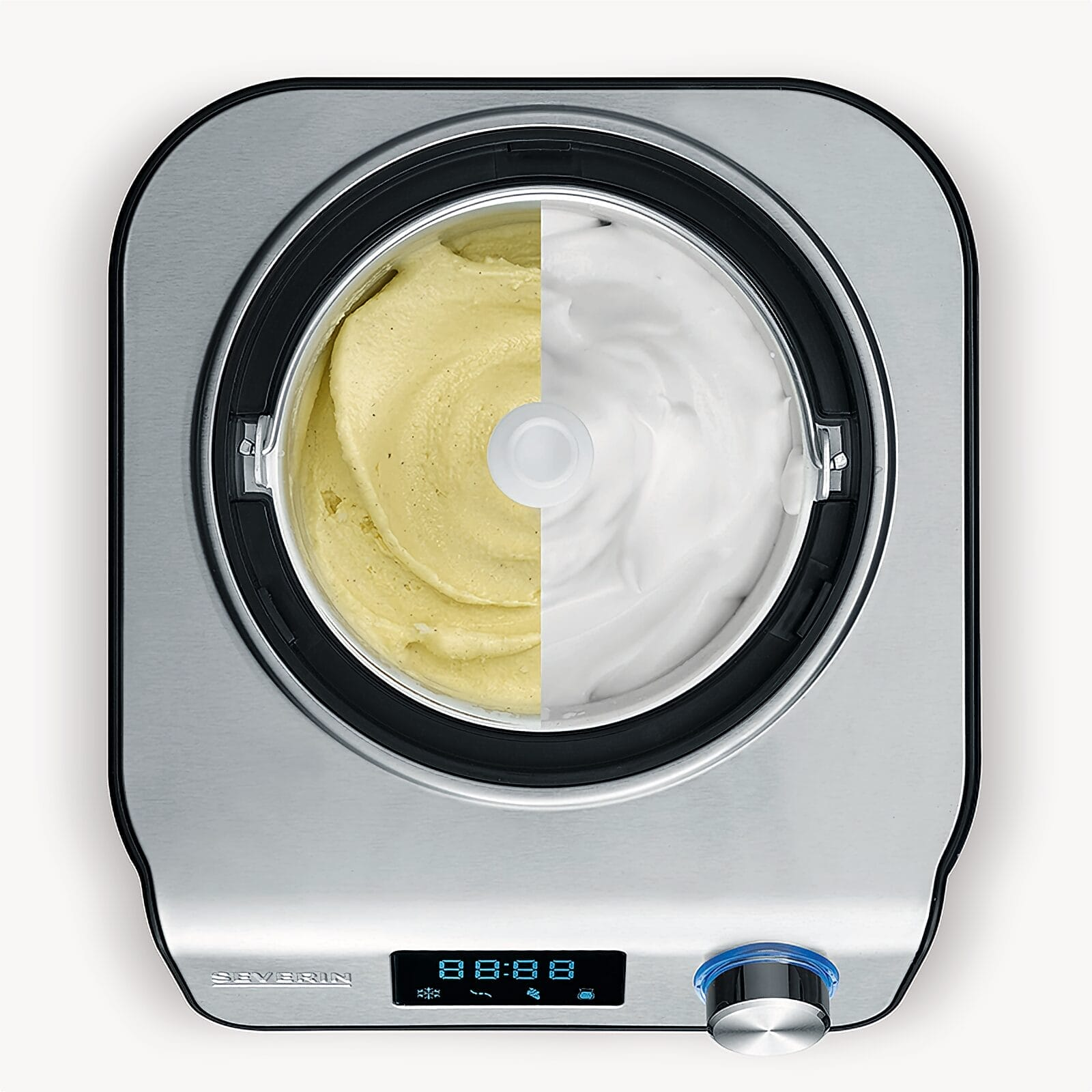 Une sorbetière avec de la glace jaune et blanche dans le bol et un écran numérique.