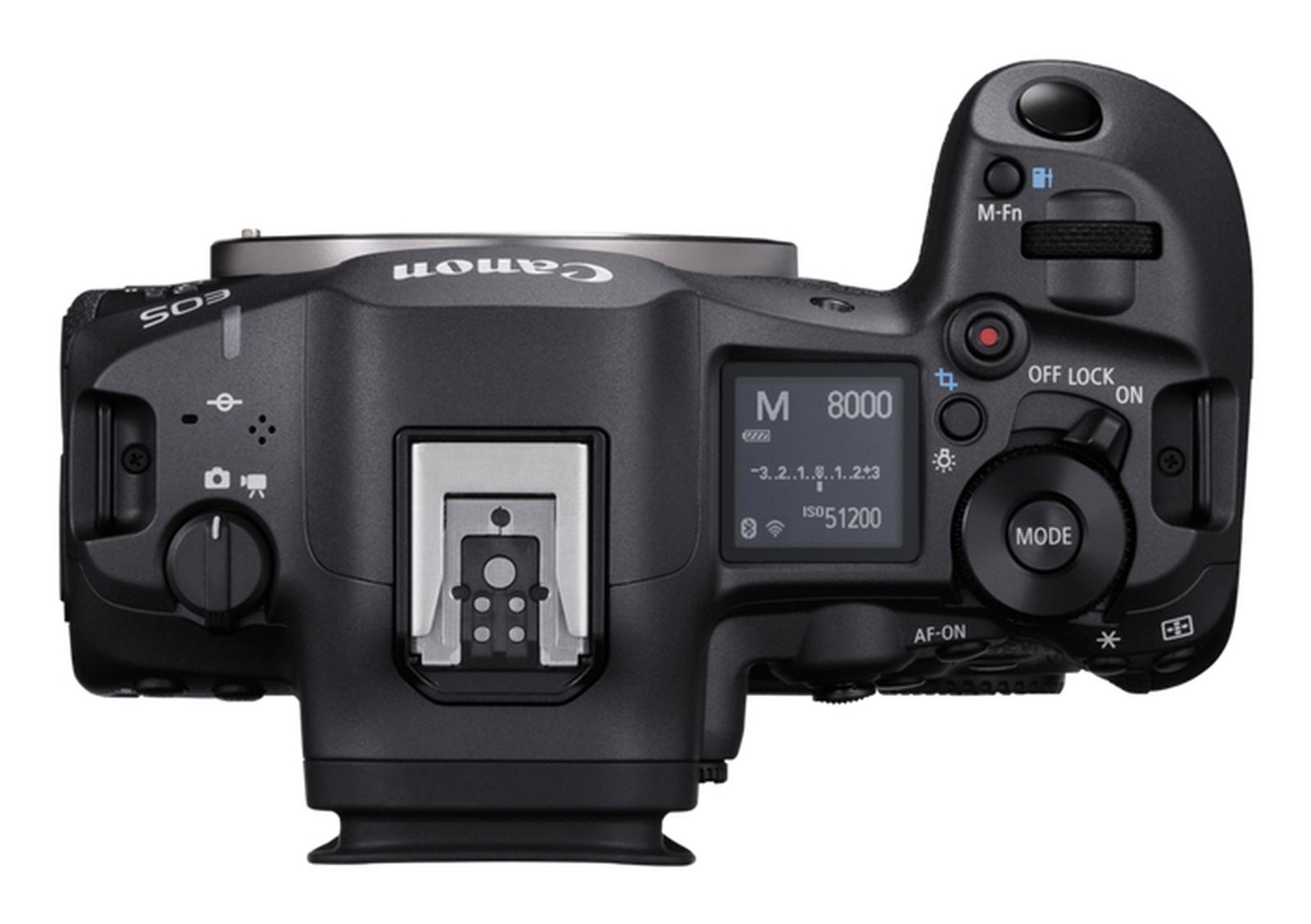 Widok z góry czarnego aparatu cyfrowego Canon EOS, pokazujący ekran LCD i przyciski sterujące.