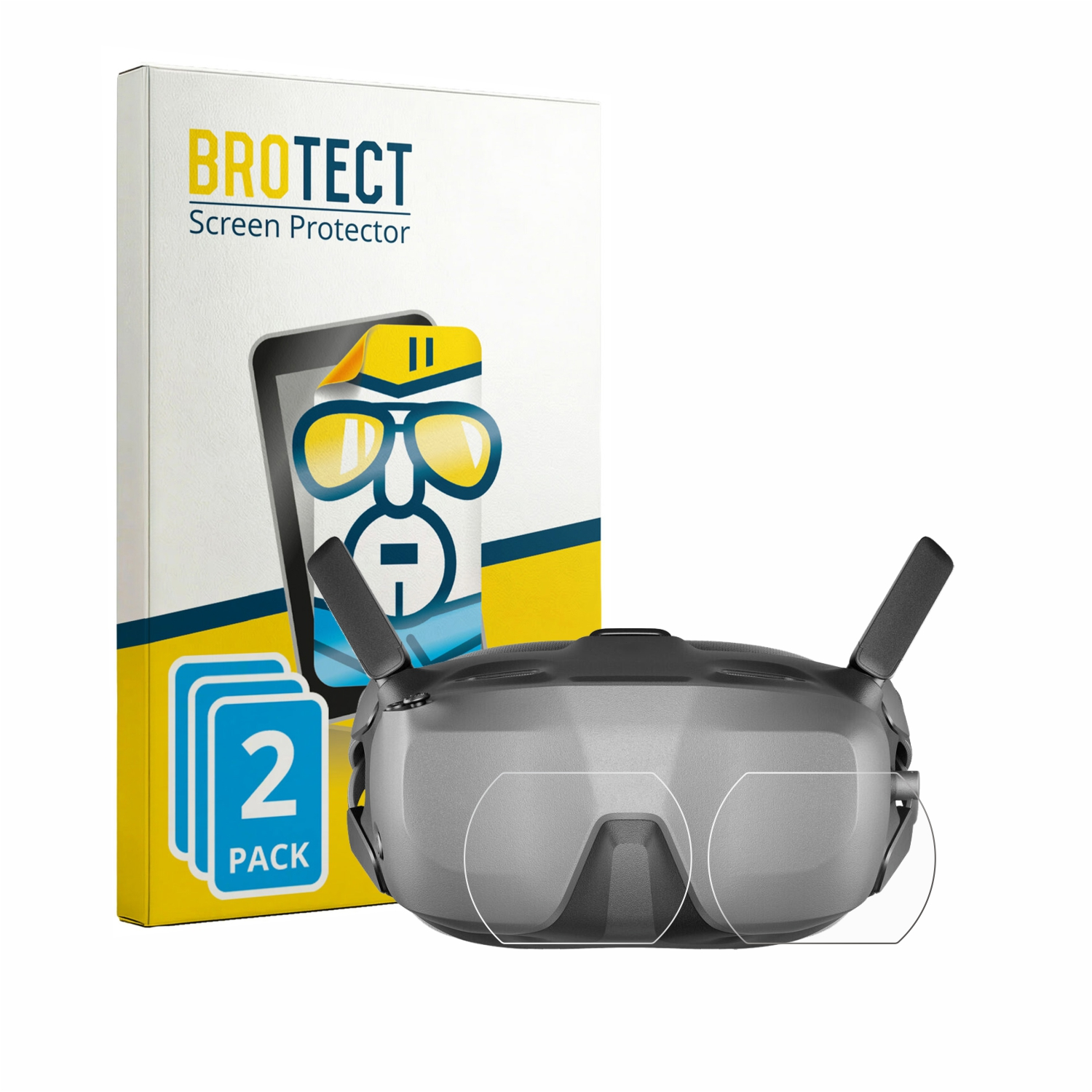 Graue FPV-Brille und "BROTECT"-Verpackung mit "2 PACK"-Aufkleber auf weißem Grund.