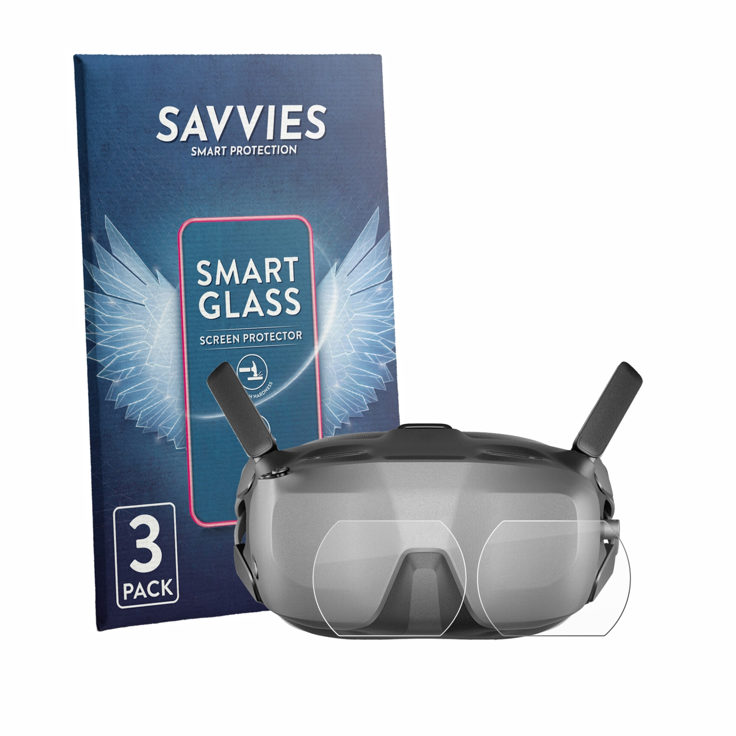 Graue FPV-Brille mit "Smart Glass"-Schutzfolien-Verpackung und "3 Pack"-Aufdruck.
