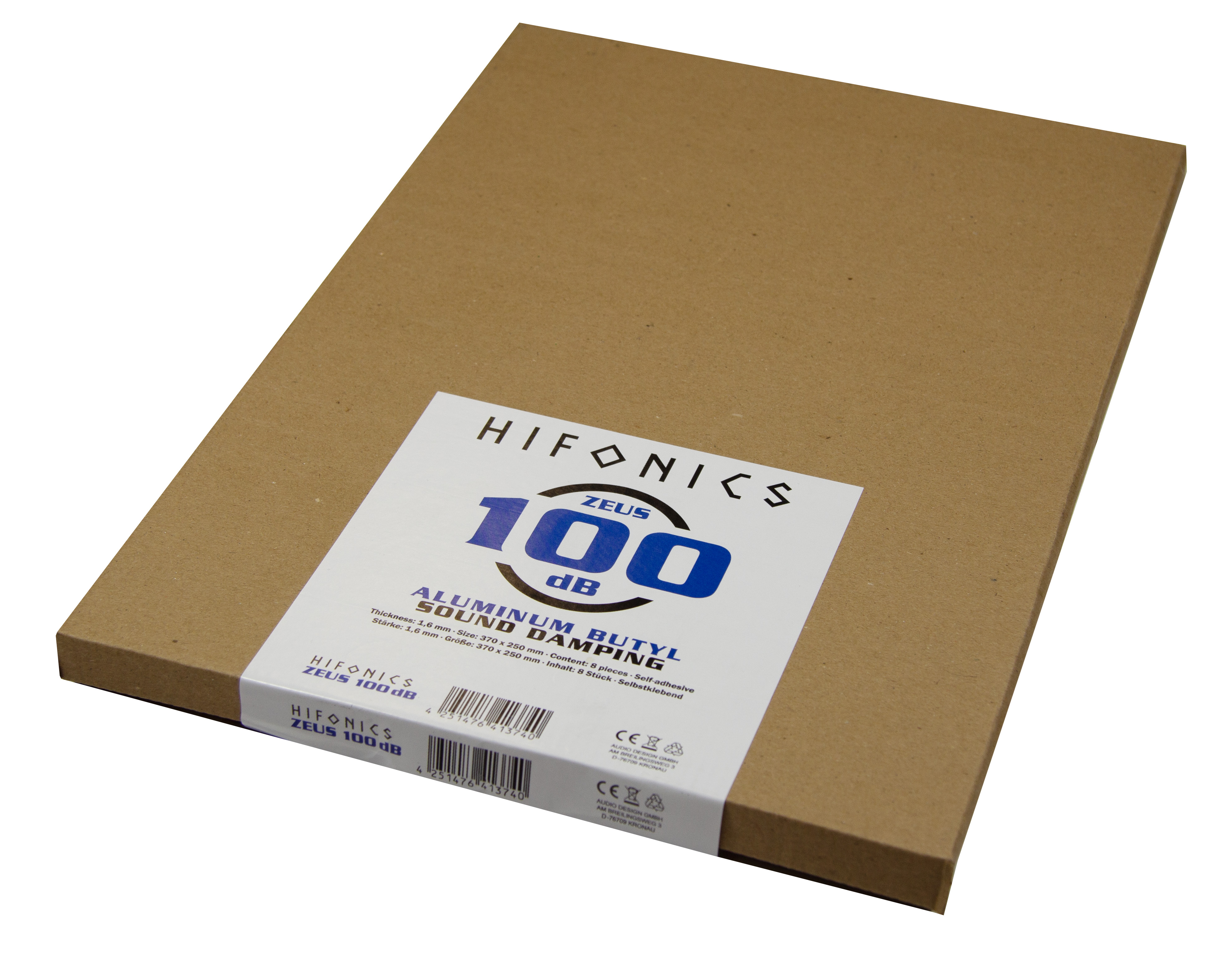 Braune Verpackung mit weißem Aufkleber für HIFICONICS ZEUS 100 dB Alubutyl-Schalldämmung.