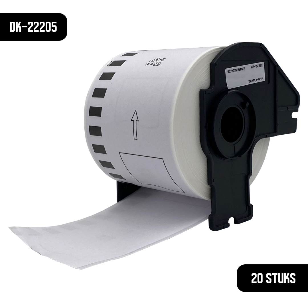 Een rol wit papieren etiket, DK-22205, met zwarte houder. 20 stuks.