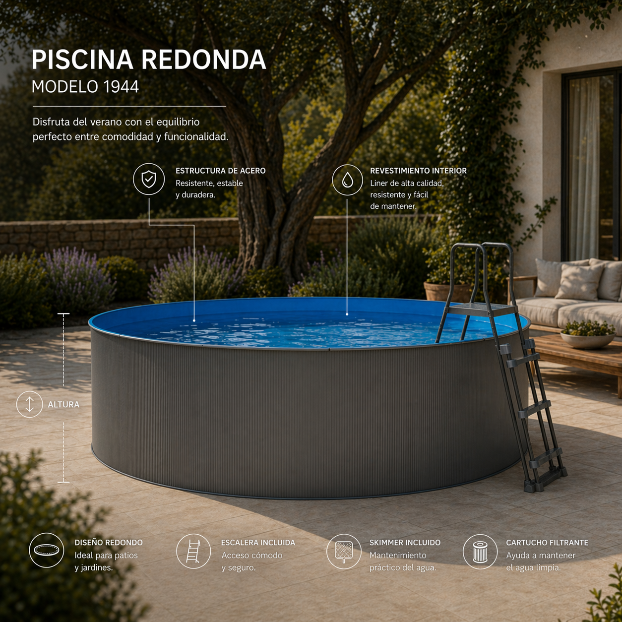 Ein runder Pool mit blauem Wasser, Metallstruktur und Leiter im Garten.