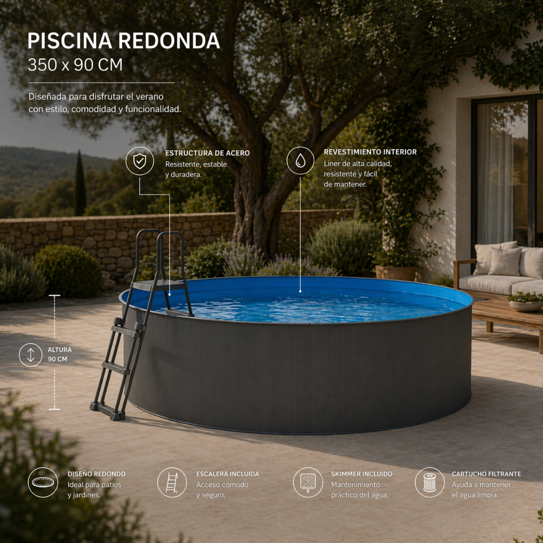 Una piscina redonda de estructura de acero con liner azul y escalera en un patio.