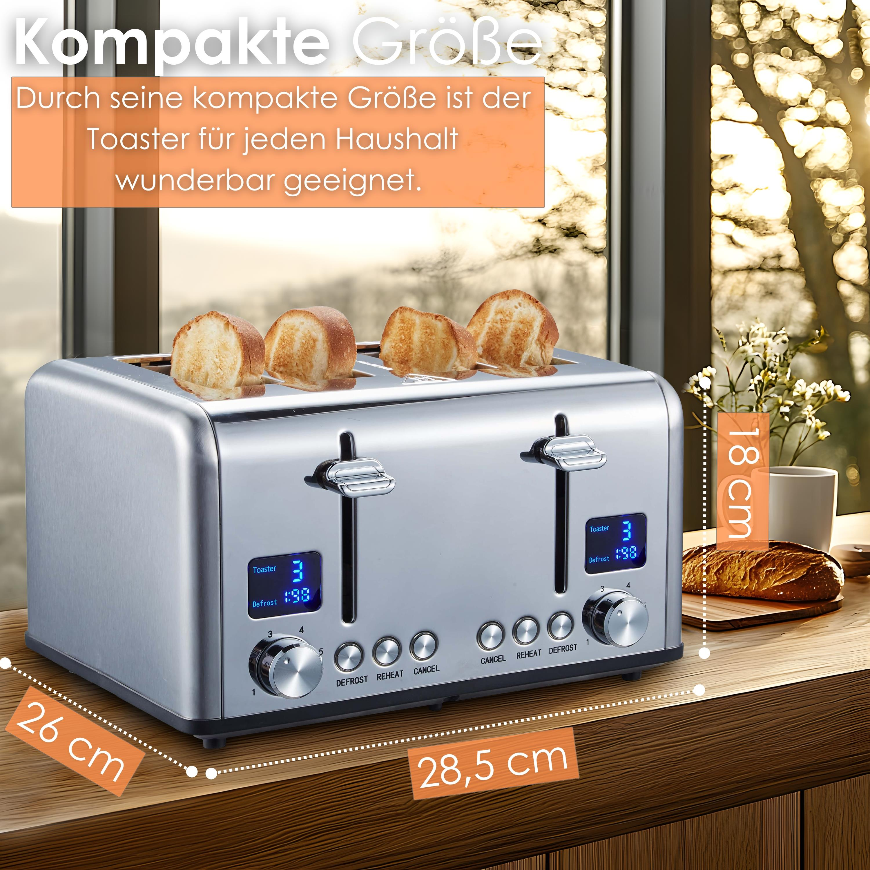 Ein silberner Toaster mit vier Schlitzen und vier Toastbrotscheiben.