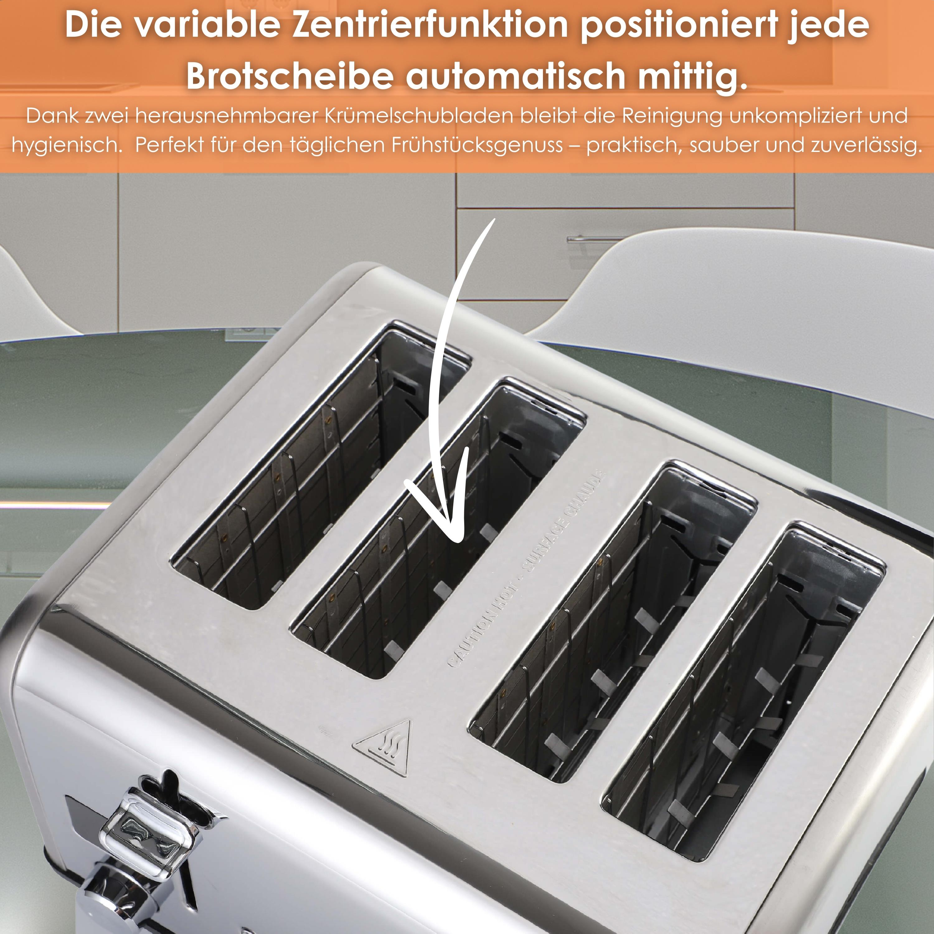 Edelstahl-Toaster mit vier Schlitzen und Krümelschubladen.