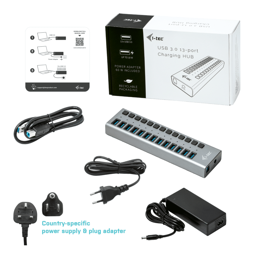 Un hub di ricarica i-tec USB 3.0 a 13 porte con alimentatore, cavi e manuale.