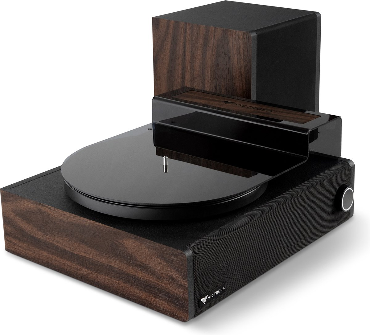 Platine vinyle aspect bois avec plateau noir. Haut-parleurs et support visibles.