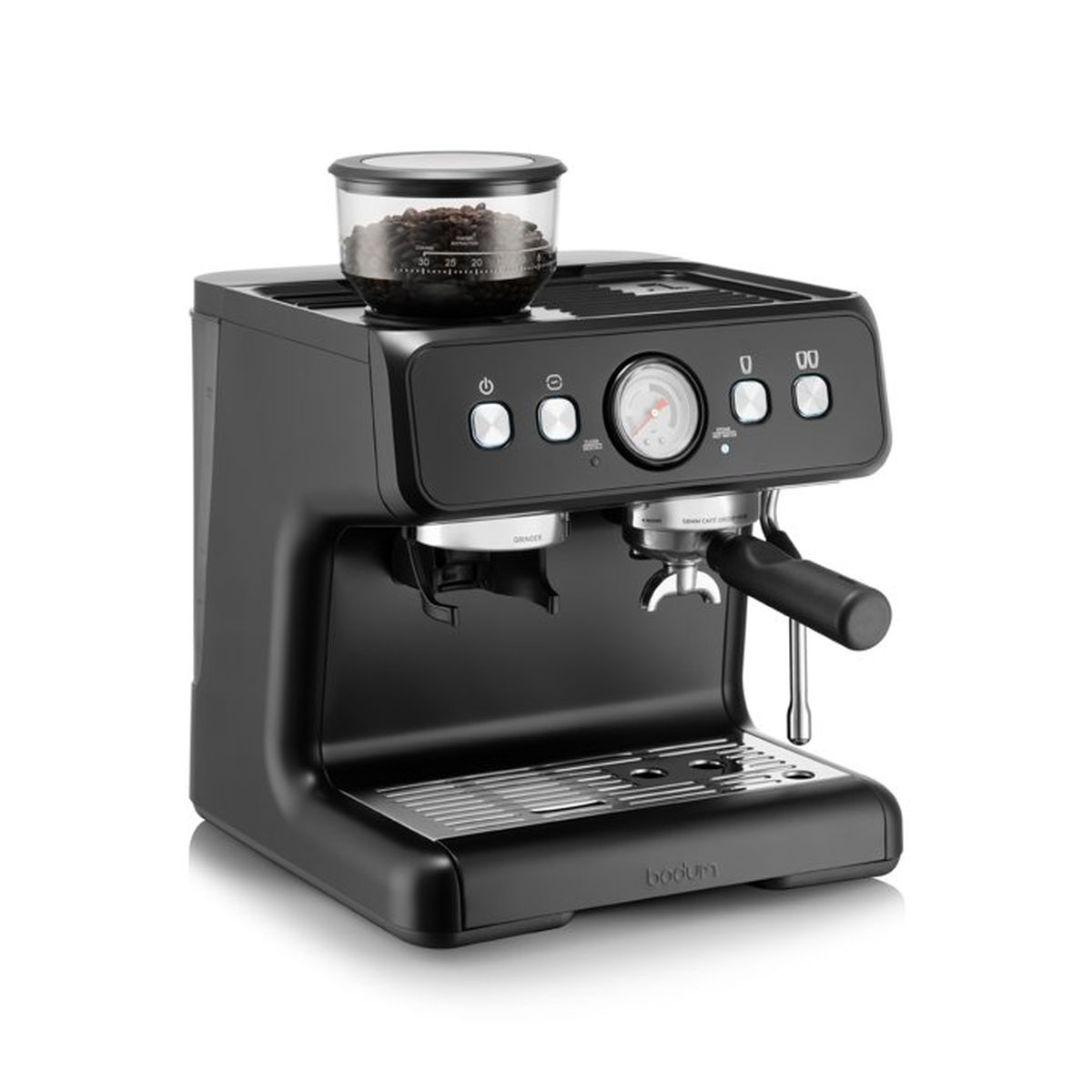 Macchina espresso nera con contenitore chicchi, manometro e portafiltro.