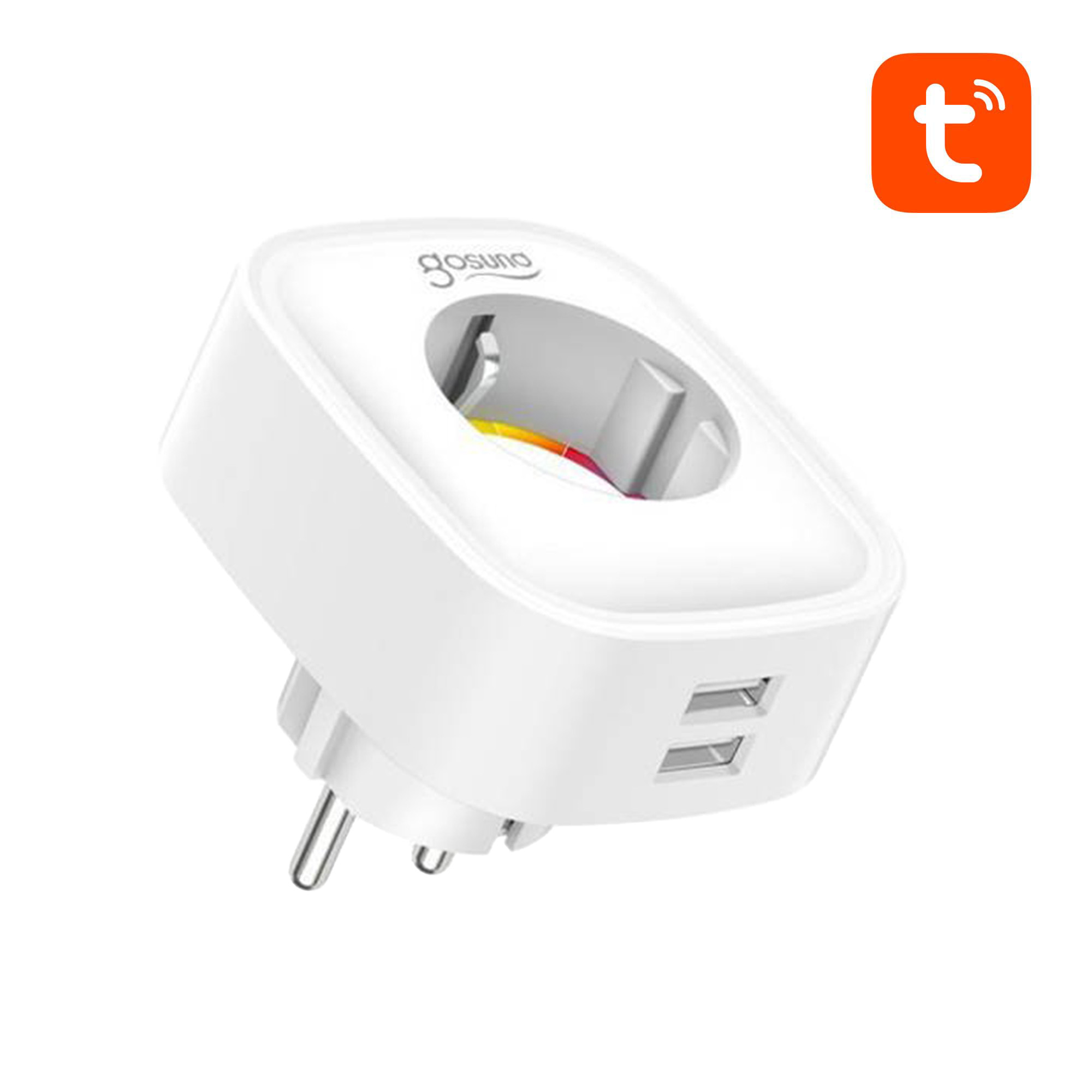 Biały adapter podróżny z dwoma portami USB i jednym gniazdem.