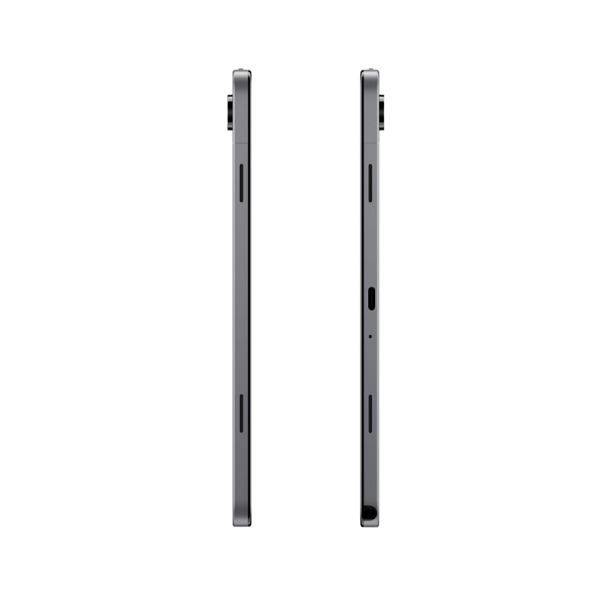 Deux tablettes grises sur fond blanc, vue de côté.