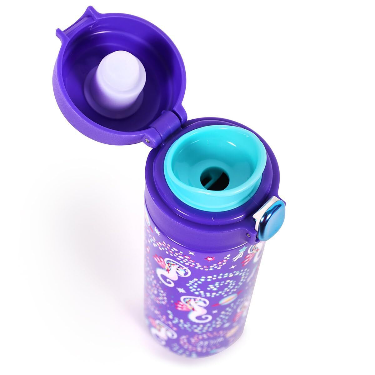 Botella de agua morada con estampado de unicornio y tapa abatible.
