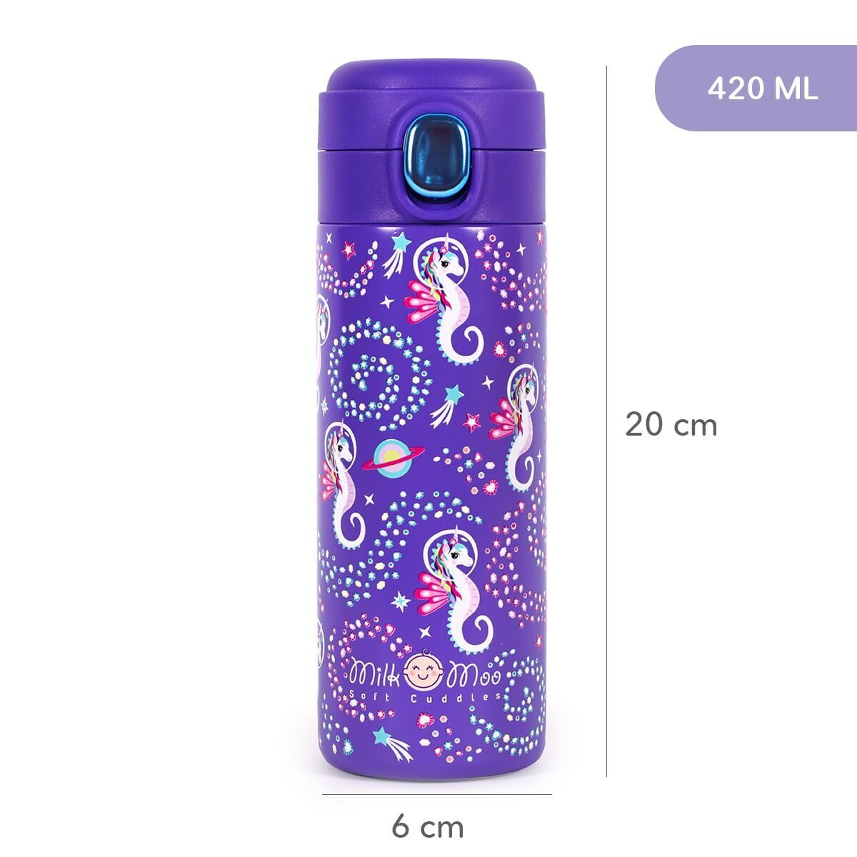 Termo morado con caballitos de mar, planetas y estrellas.