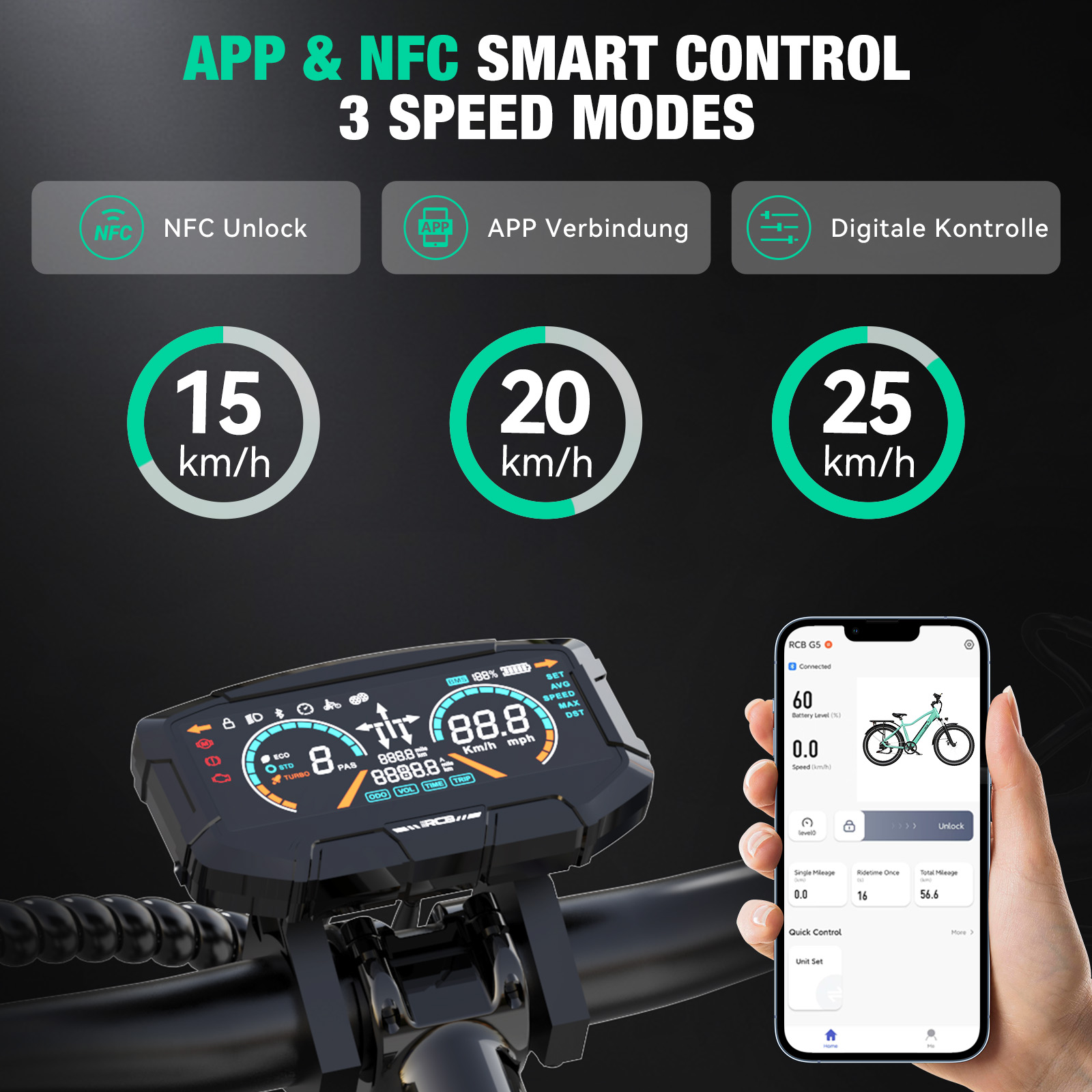Pantalla de e-bike con 3 modos de velocidad, NFC, control de app y app móvil.