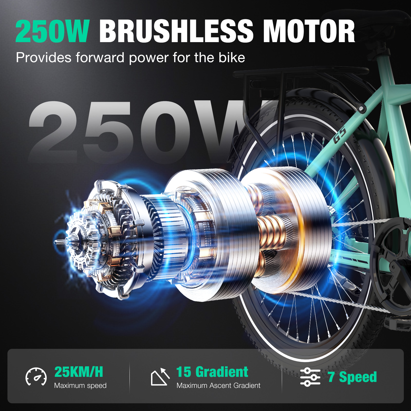 Un motor sin escobillas de 250W con componentes de bicicleta y especificaciones.