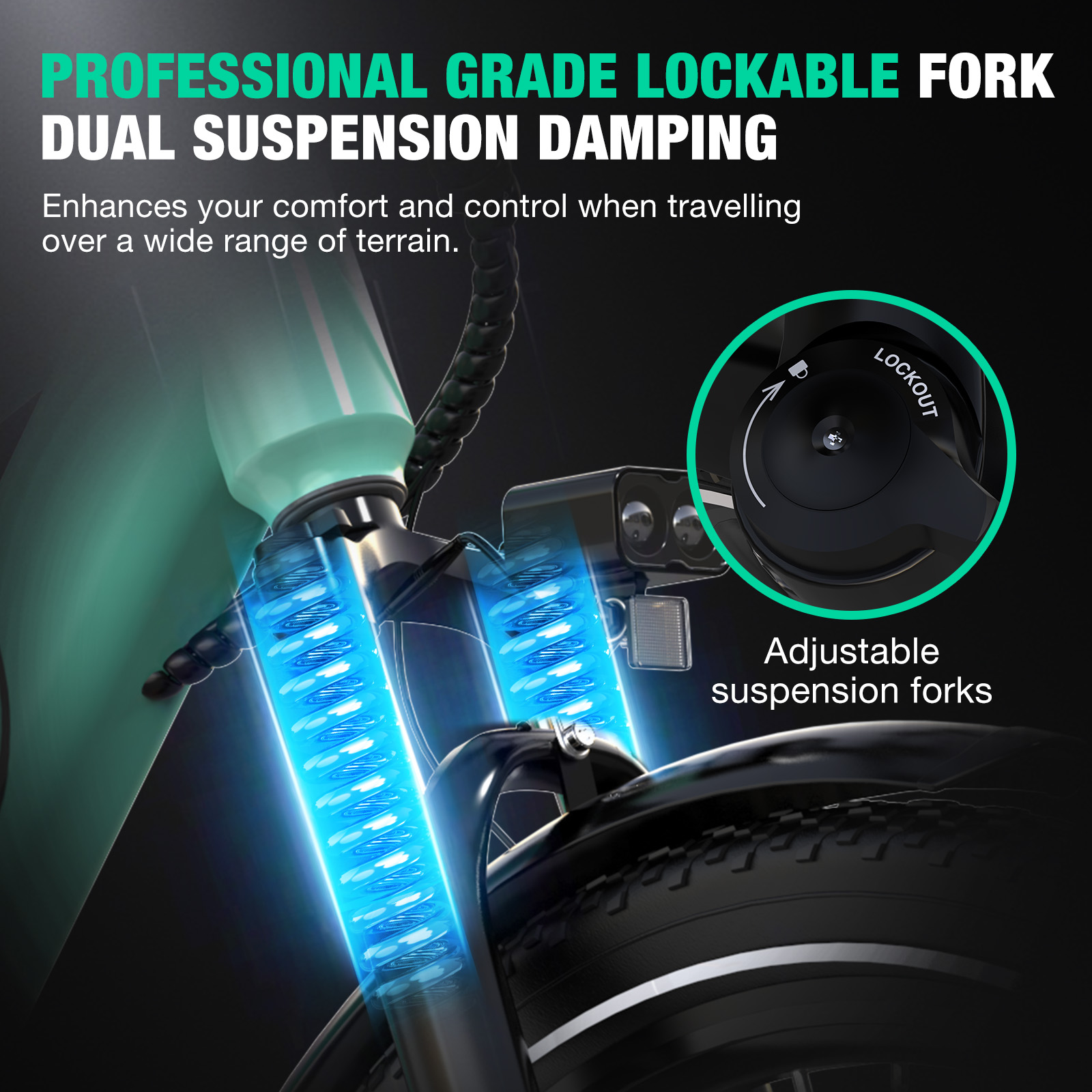 Horquilla de bicicleta con doble suspensión ajustable y bloqueo.