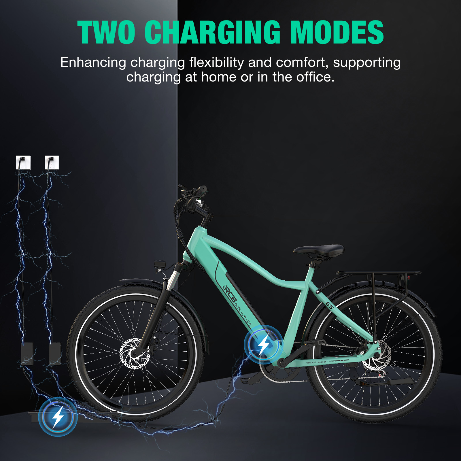 Se muestra una bicicleta eléctrica turquesa cerca de estaciones de carga con símbolos de rayos.