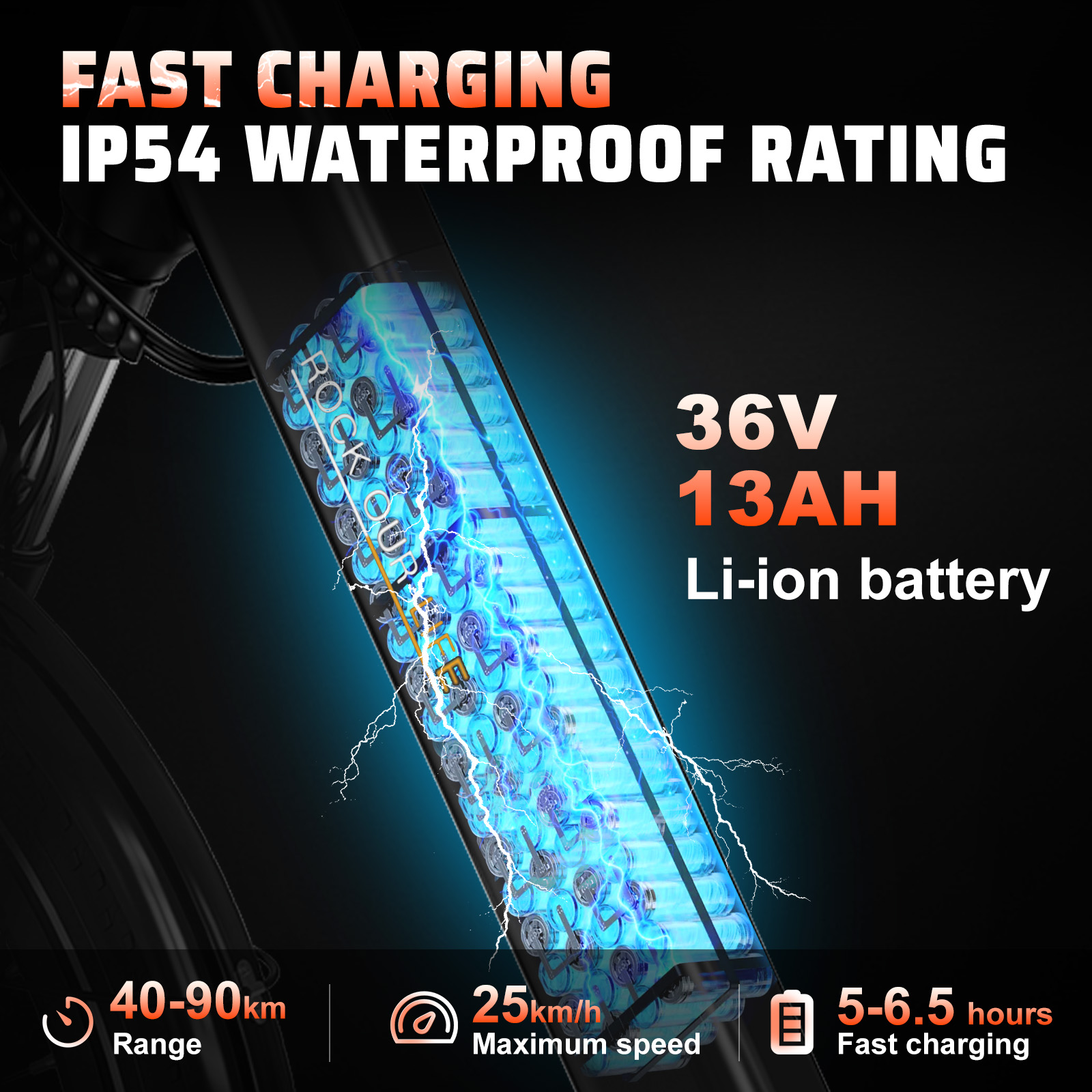 Batería e-bike: 36V 13AH Li-Ion, autonomía 40-90km, 25km/h, 5-6.5h carga.