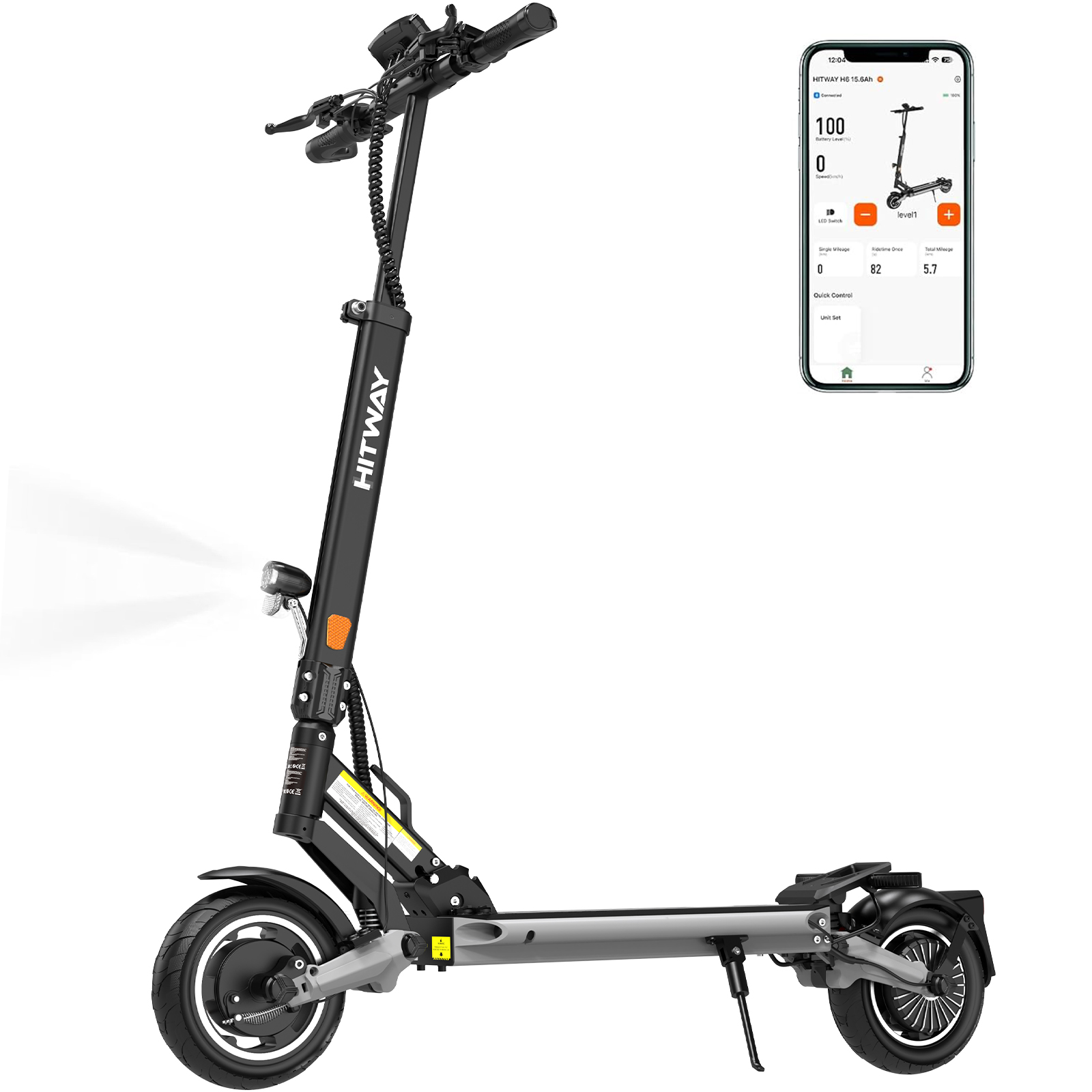 A black electric scooter next to a smartphone displaying its app.