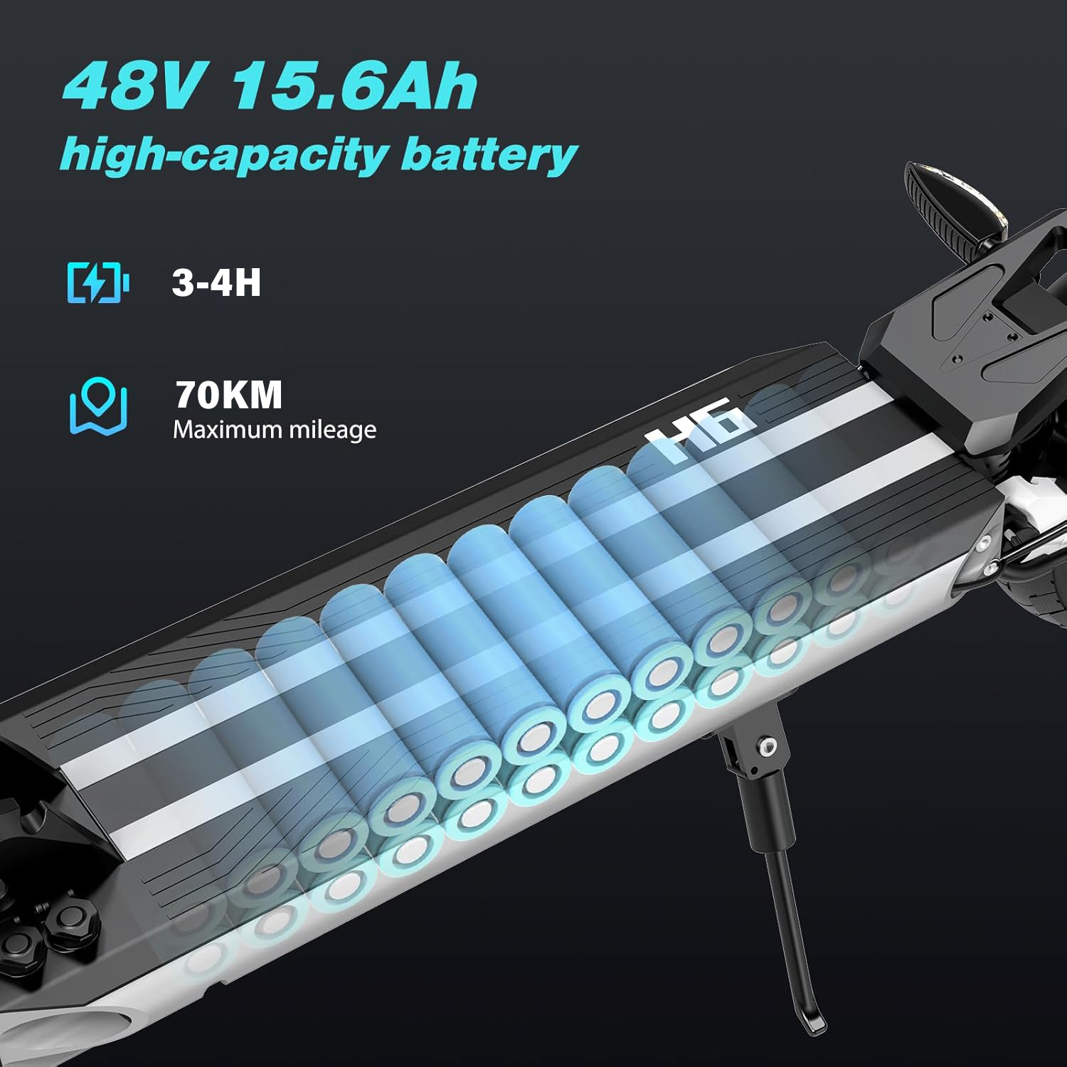 An electric scooter deck showing visible lithium-ion batteries and specs.