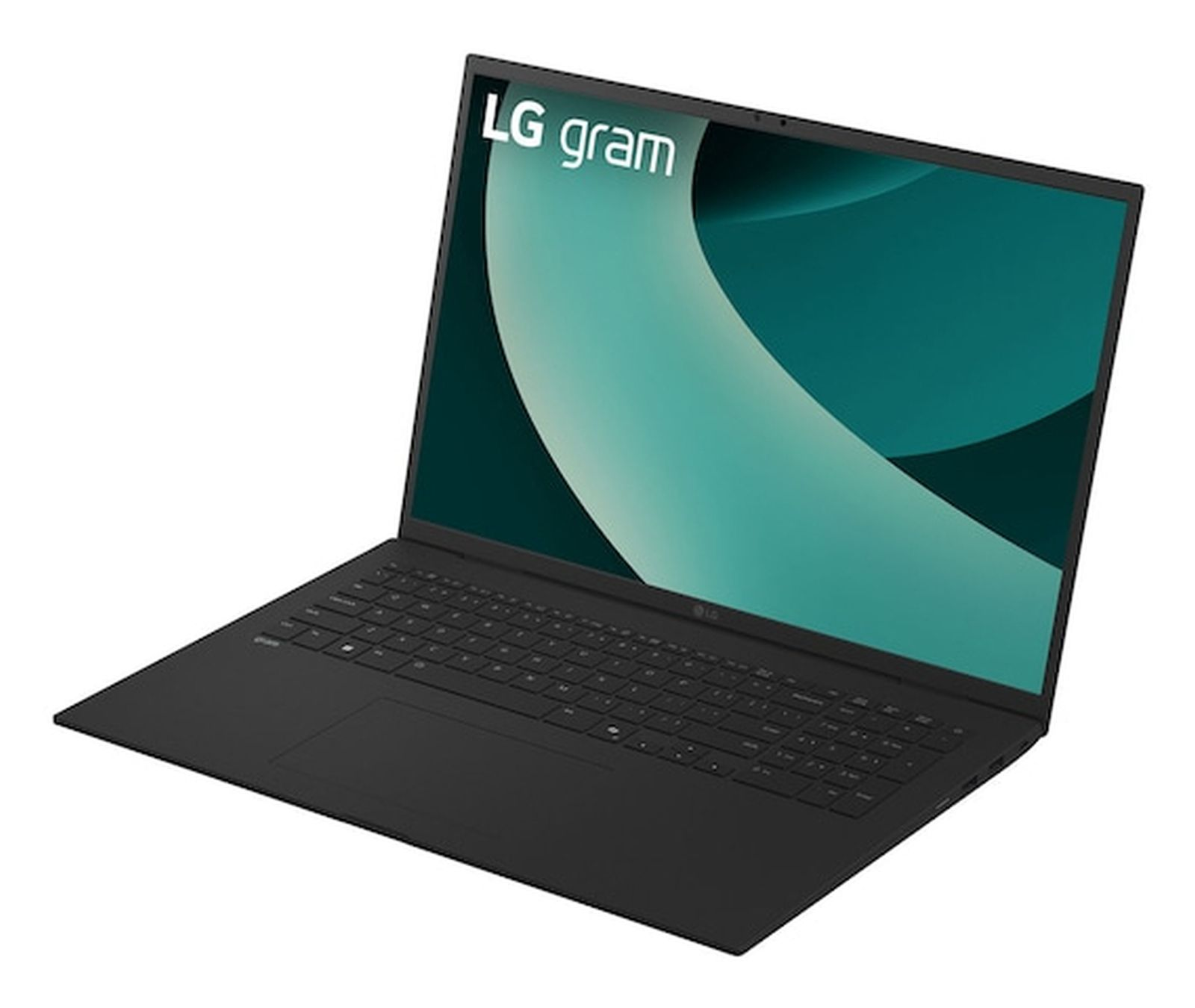 Schwarzer LG Gram Laptop mit Tastatur und Touchpad, geöffnet und auf weißem Hintergrund.